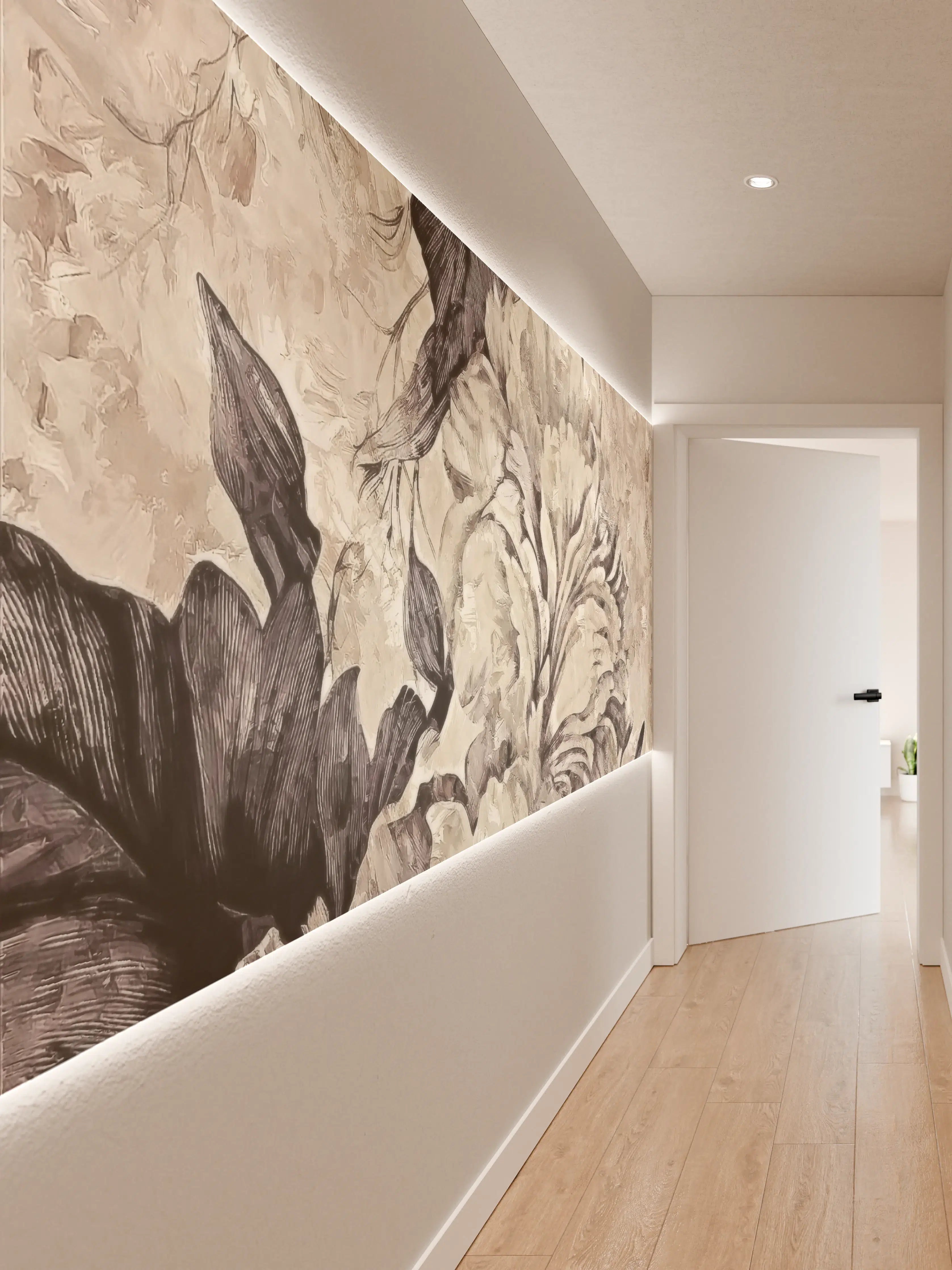 Wandverkleidung Flur - Eleganter Blumenmuster-Teppich in neutralen Tönen