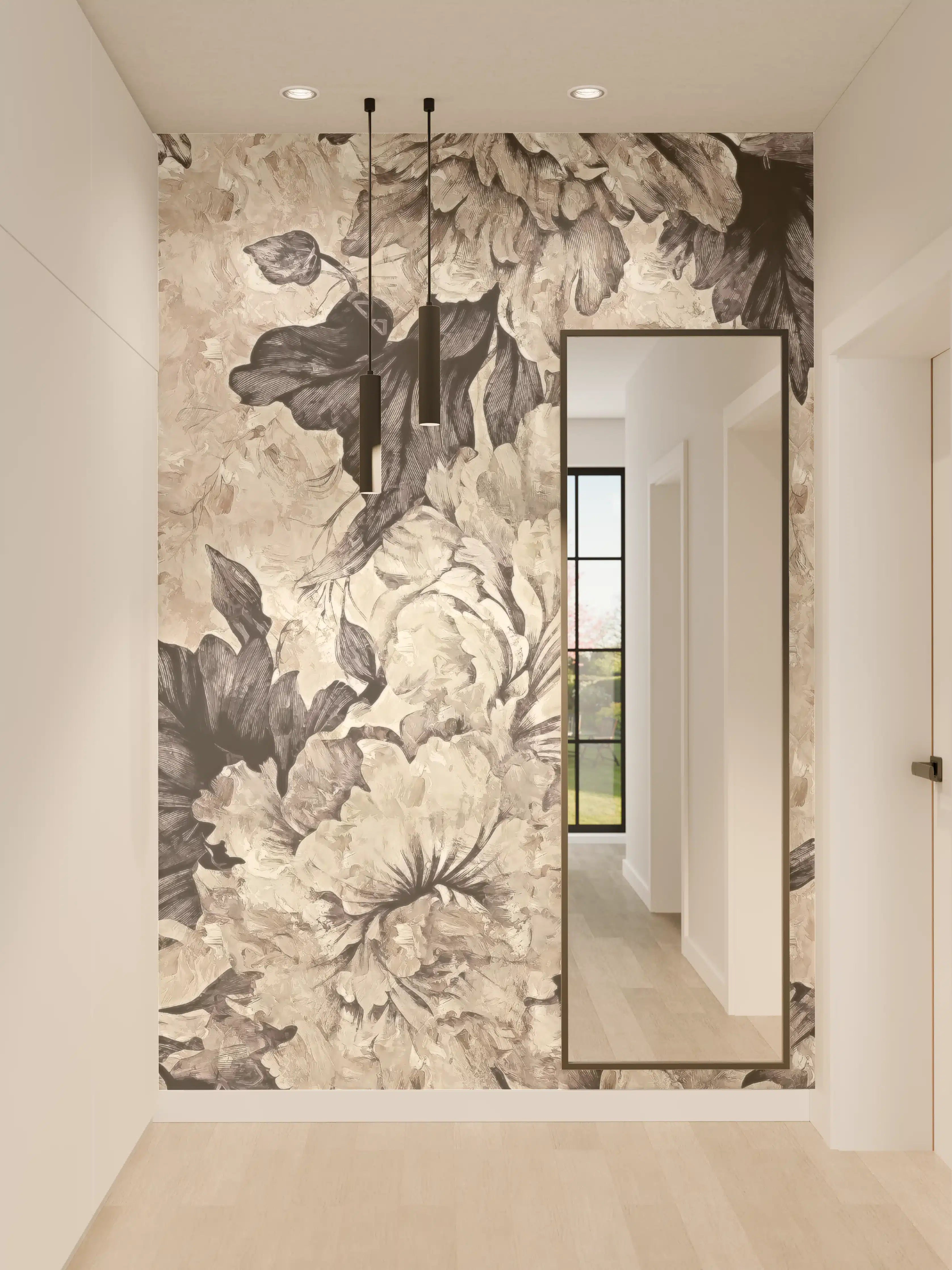 Wandverkleidung Flur - Eleganter Blumenmuster-Teppich in neutralen Tönen