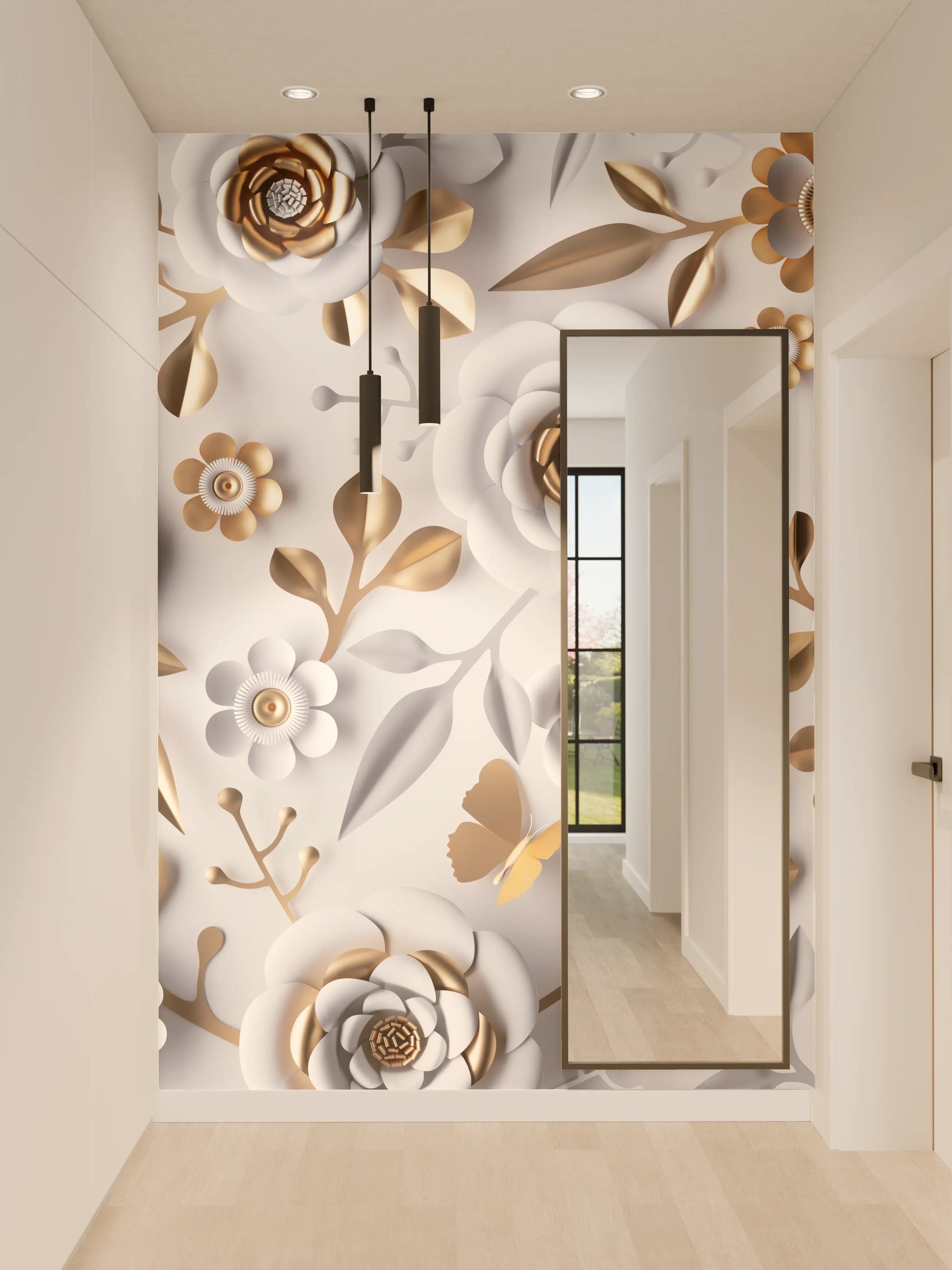 Wandverkleidung Flur - Eleganter Weiß-Gold Blumenstoff