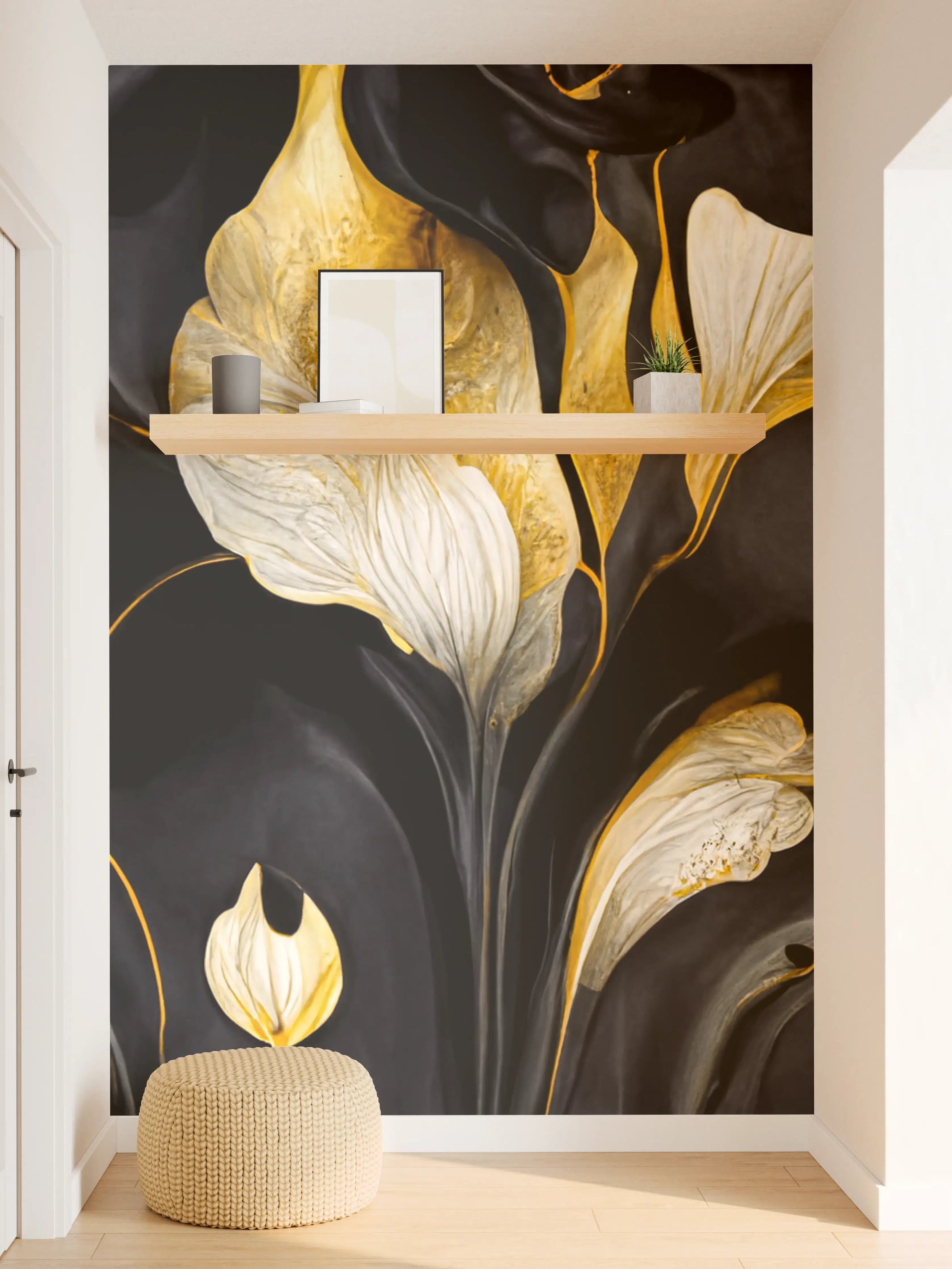 Wandverkleidung Flur - Eleganter abstrakter Malstil in Schwarz-Gold