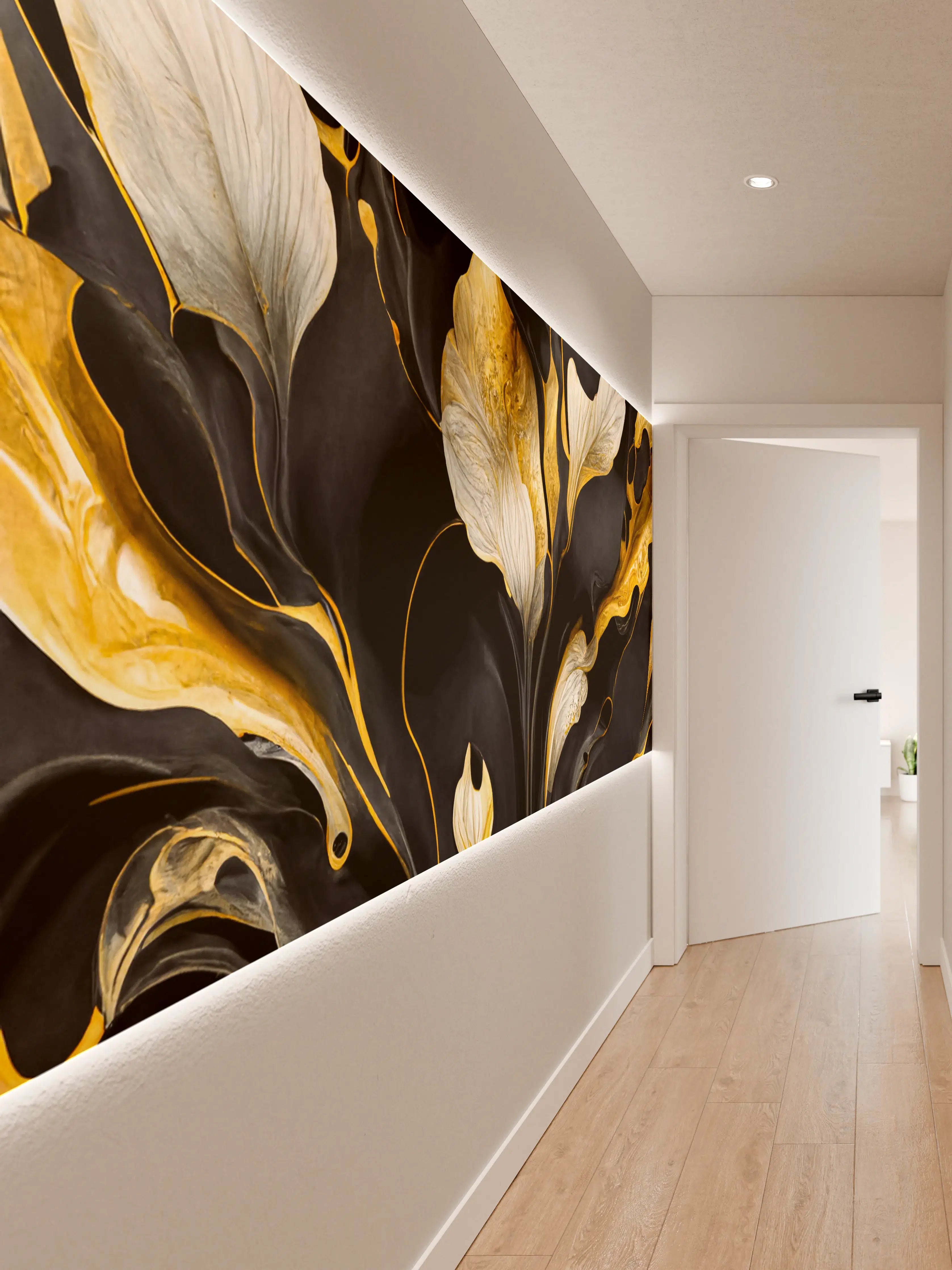 Wandverkleidung Flur - Eleganter abstrakter Malstil in Schwarz-Gold