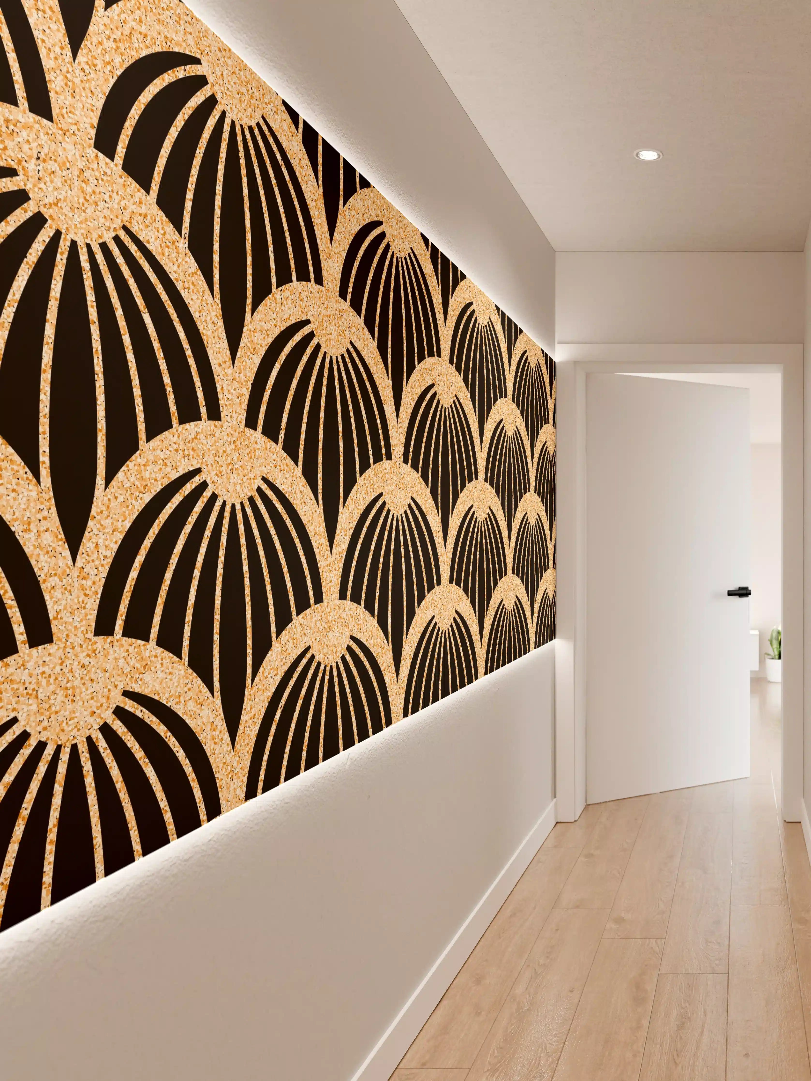 Wandverkleidung Flur - Elegantes Art-Deco-Muster in Gold und Schwarz