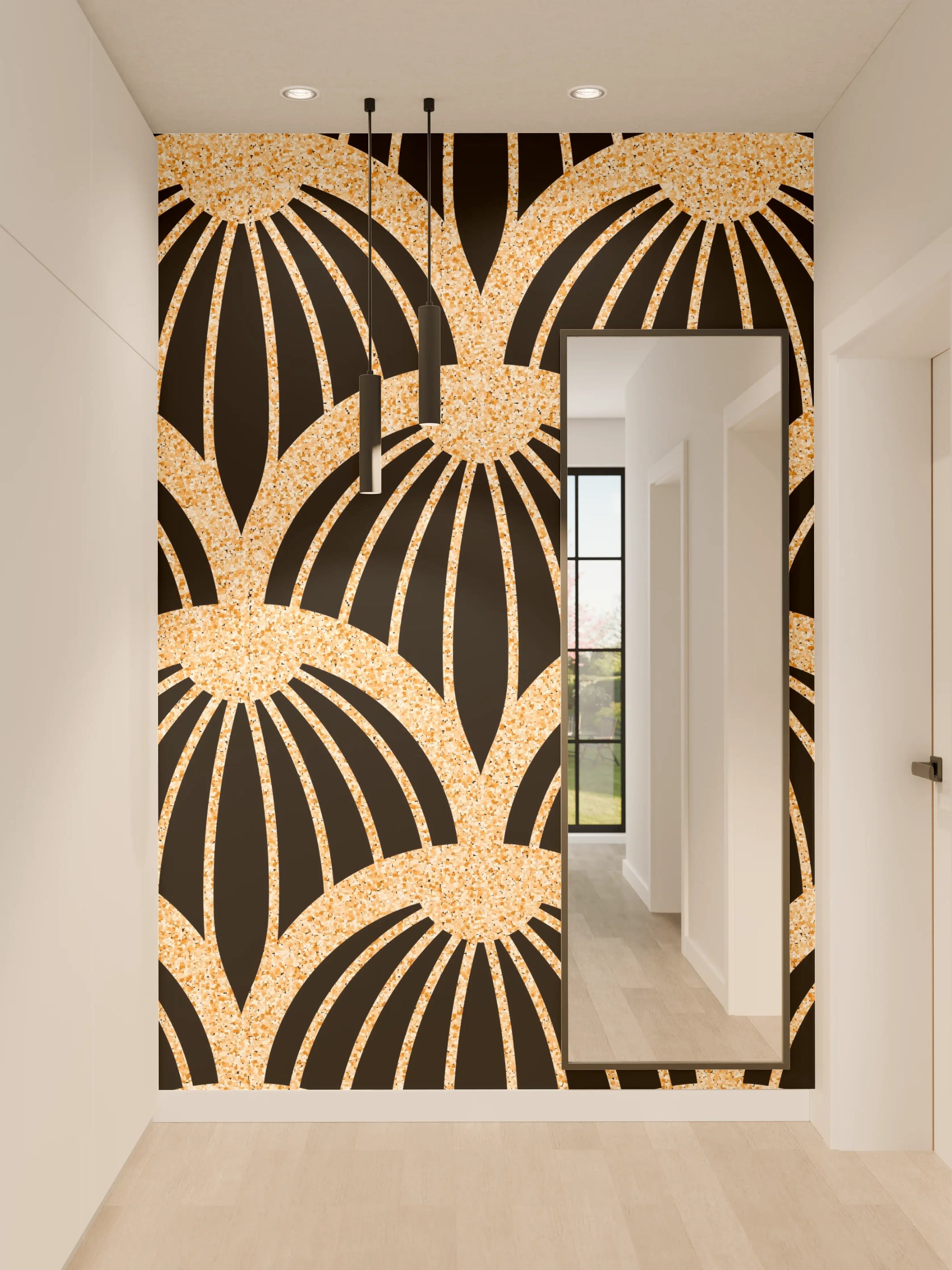 Wandverkleidung Flur - Elegantes Art-Deco-Muster in Gold und Schwarz