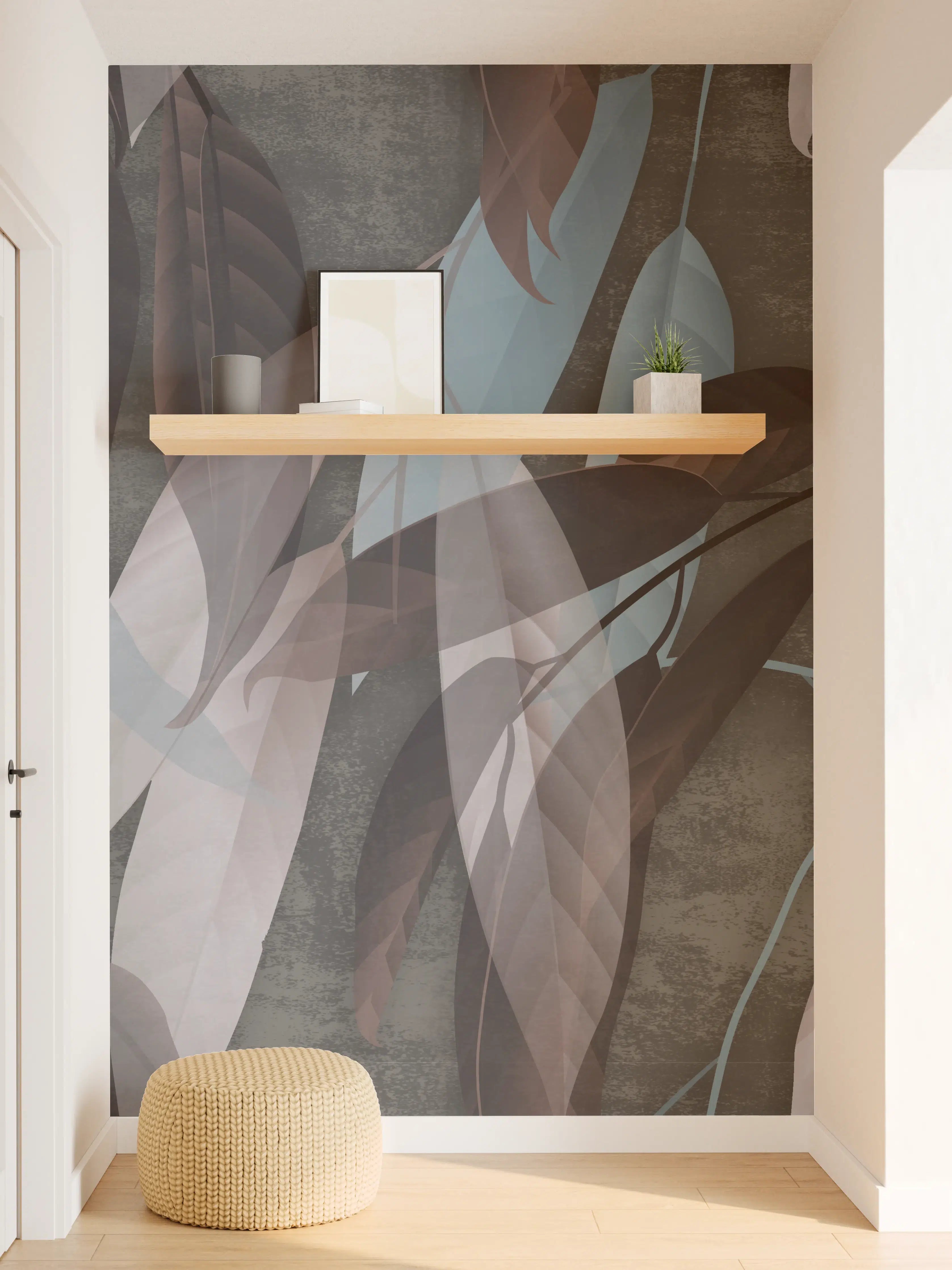 Wandverkleidung Flur - Elegantes Blattmuster in Grau und Blau