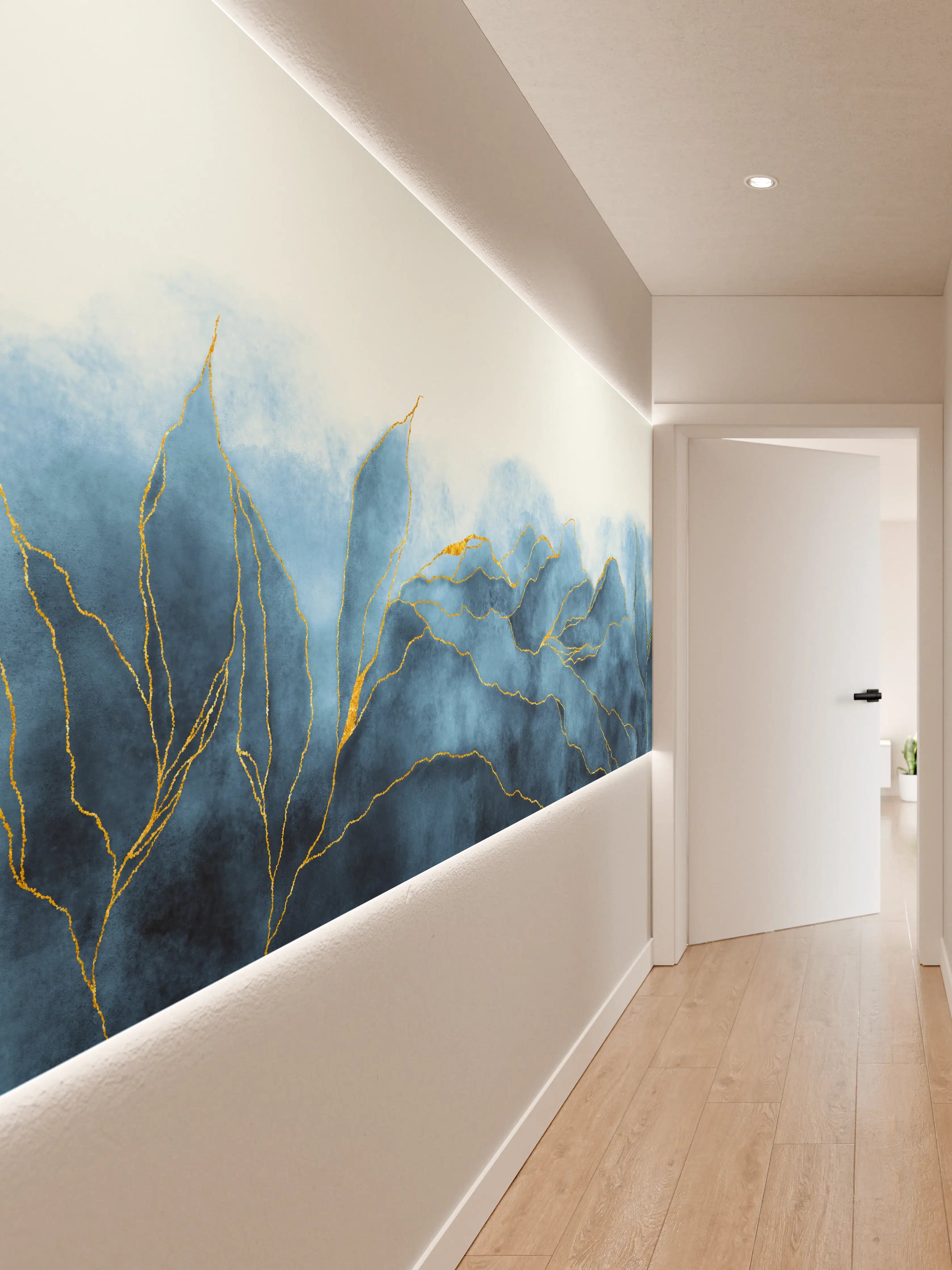 Wandverkleidung Flur - Elegantes Blau-Grau-Muster mit Goldakzenten