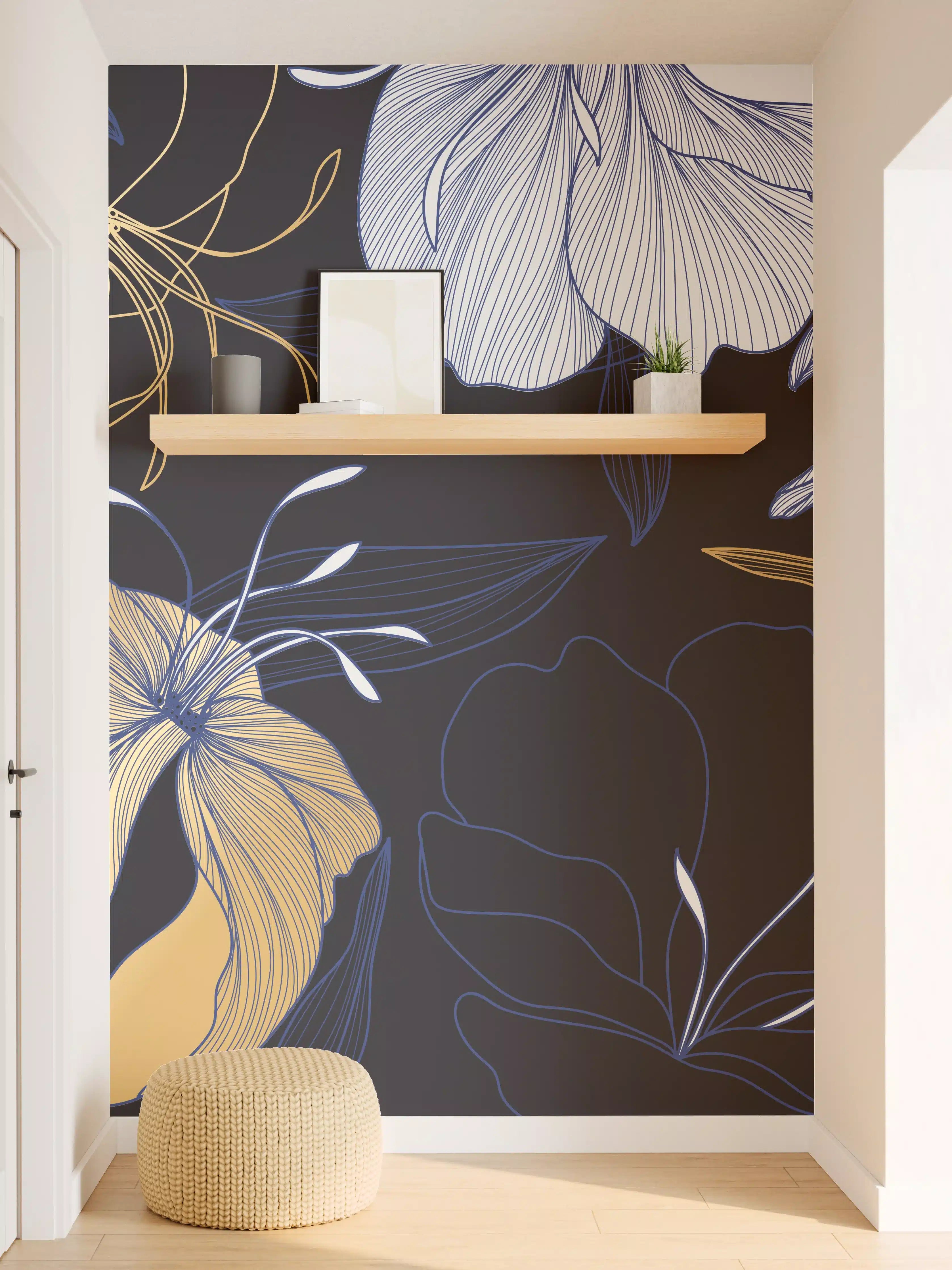 Wandverkleidung Flur - Elegantes Blumen-Muster Dunkelblau