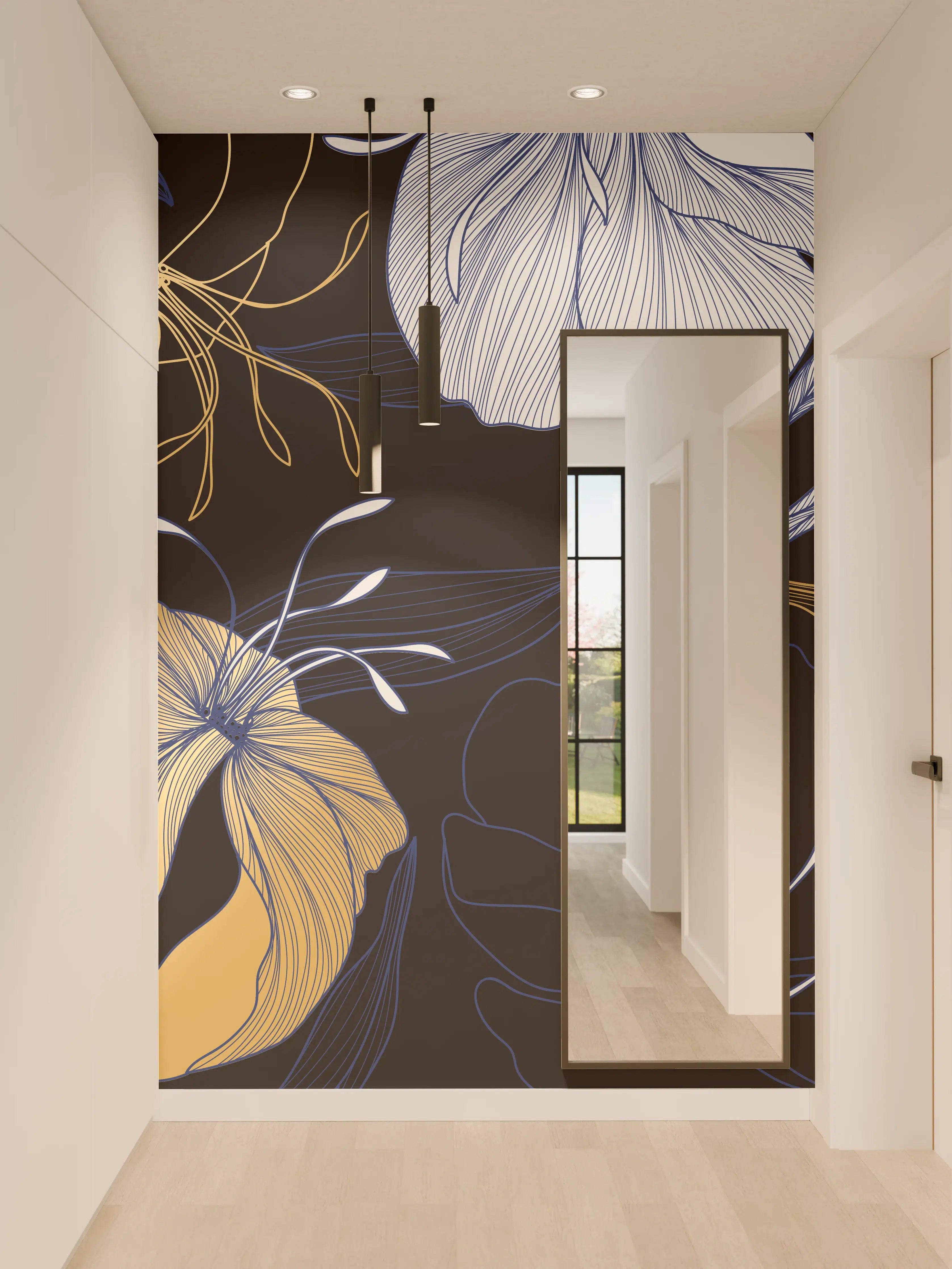 Wandverkleidung Flur - Elegantes Blumen-Muster Dunkelblau