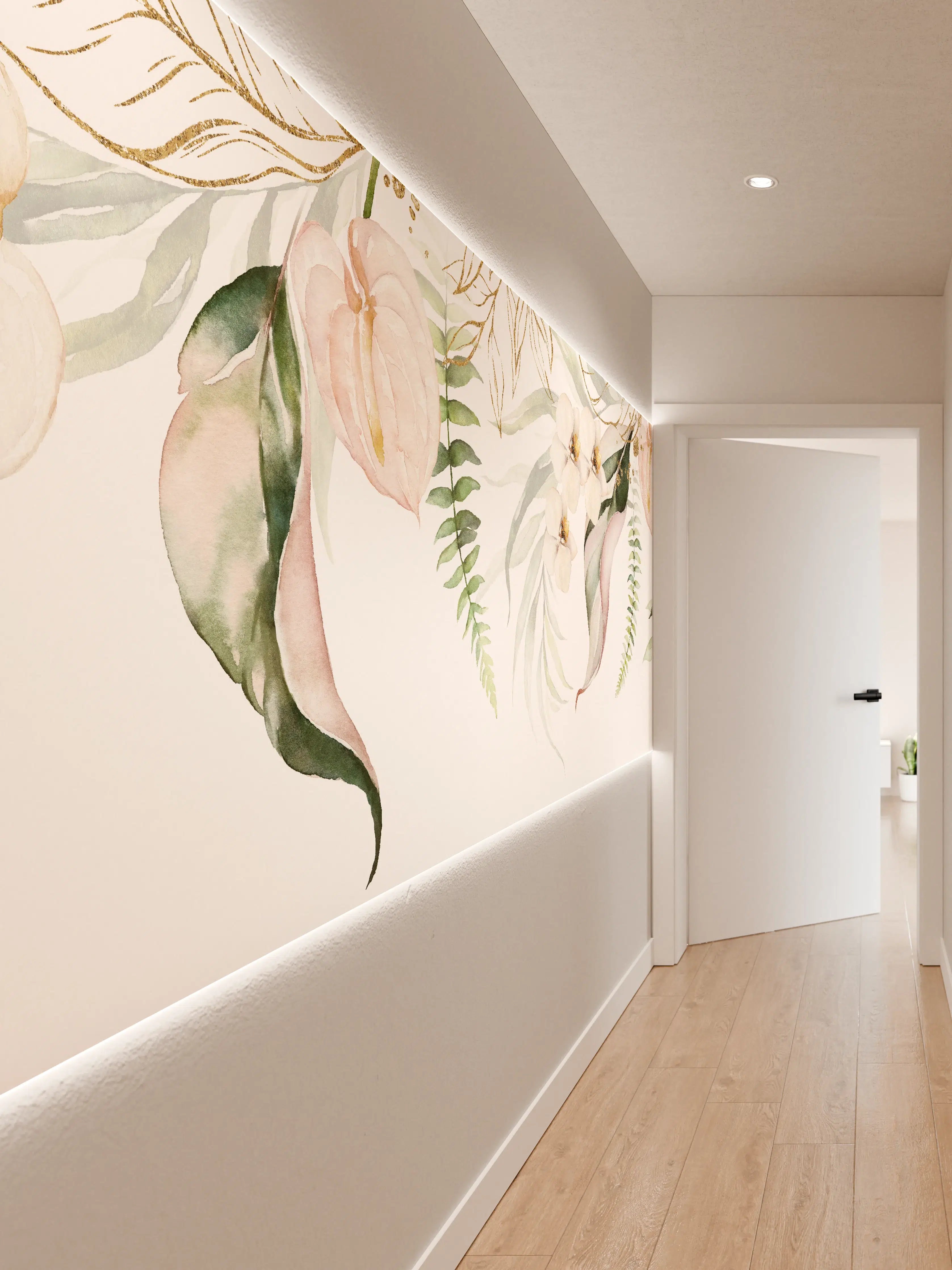 Wandverkleidung Flur - Elegantes Blumenmuster auf hellen Tönen