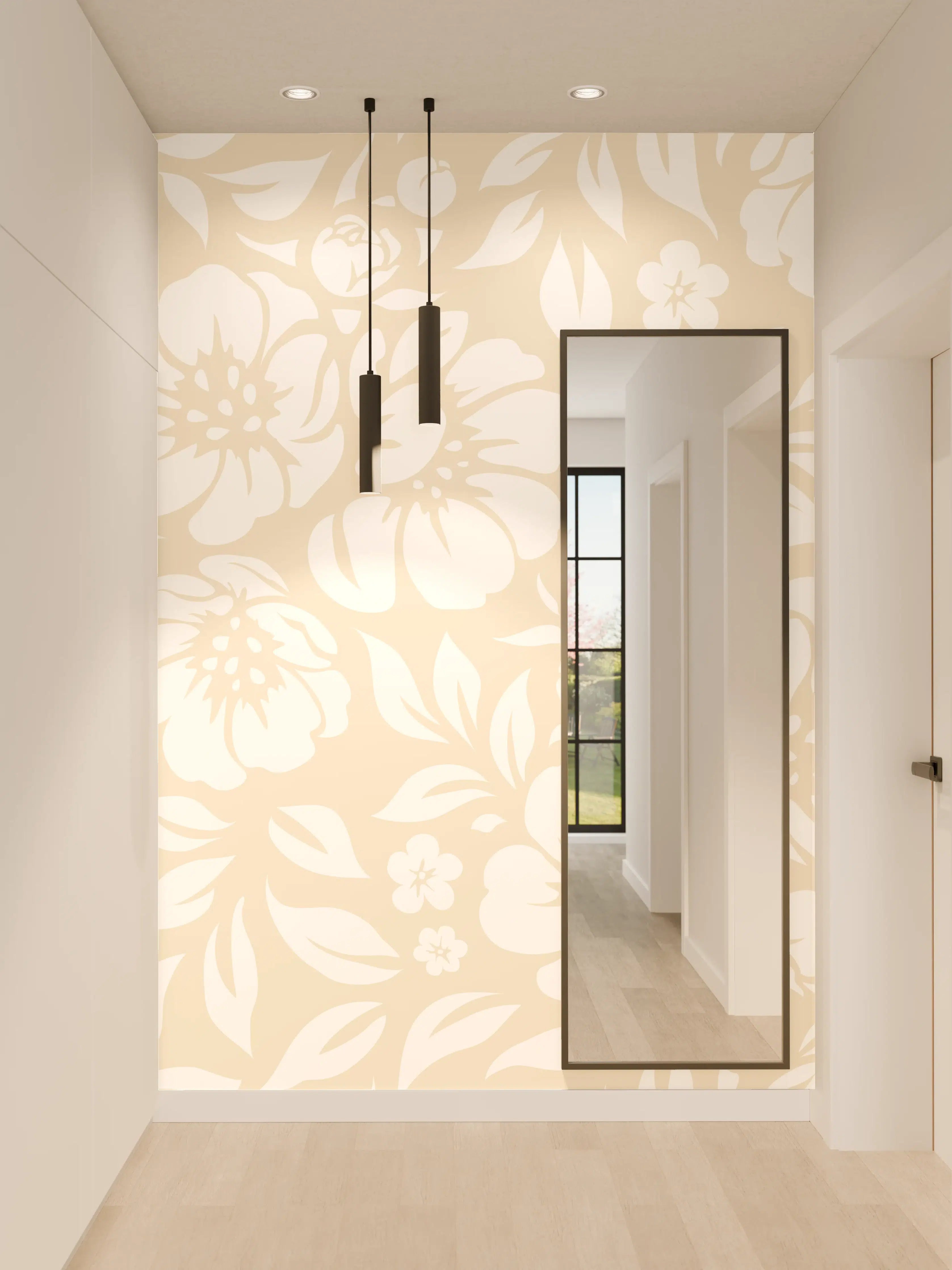 Wandverkleidung Flur - Elegantes Blumenmuster in Beige und Weiß