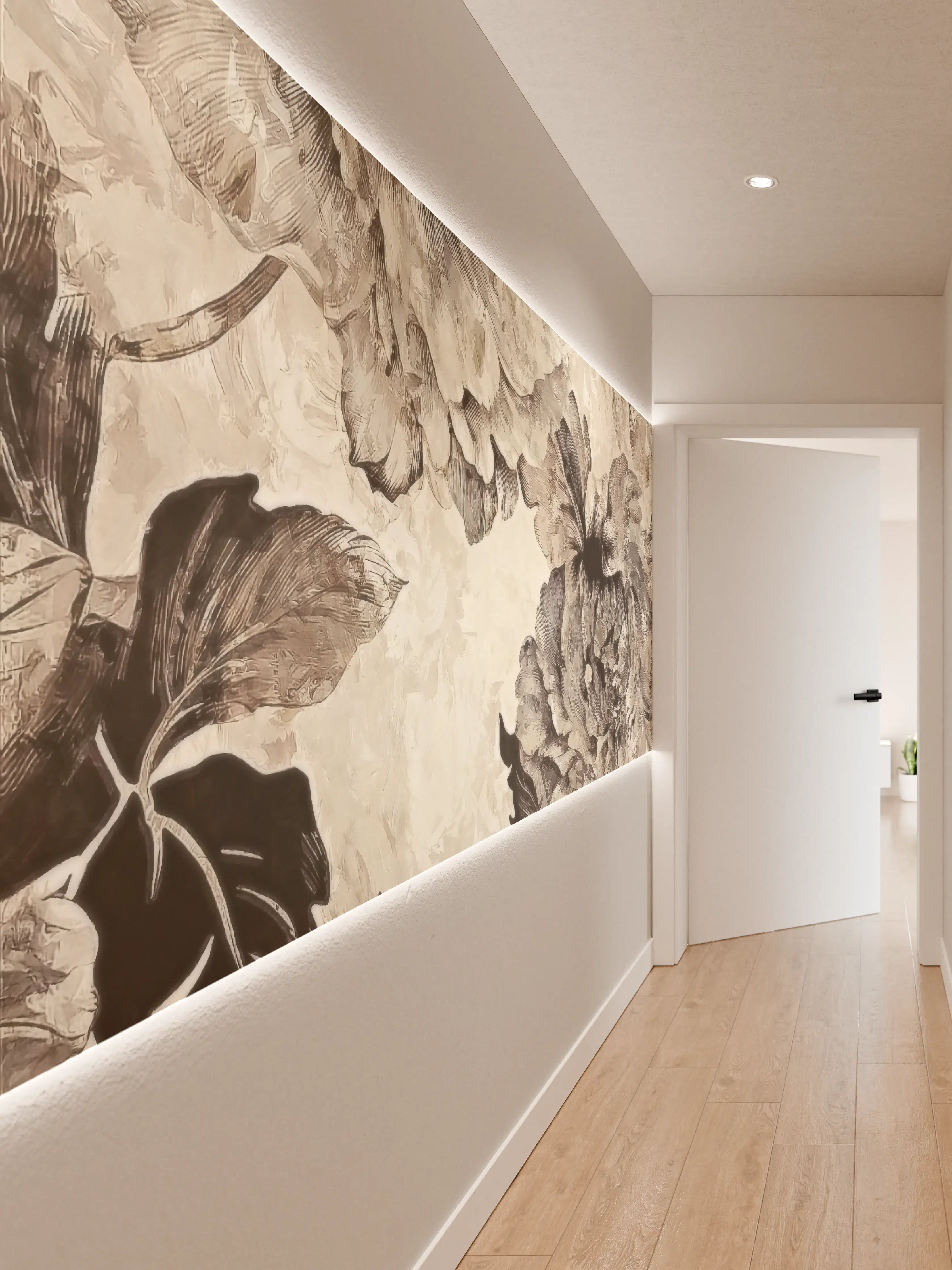 Wandverkleidung Flur - Elegantes Blumenmuster in Sepia-Tönen