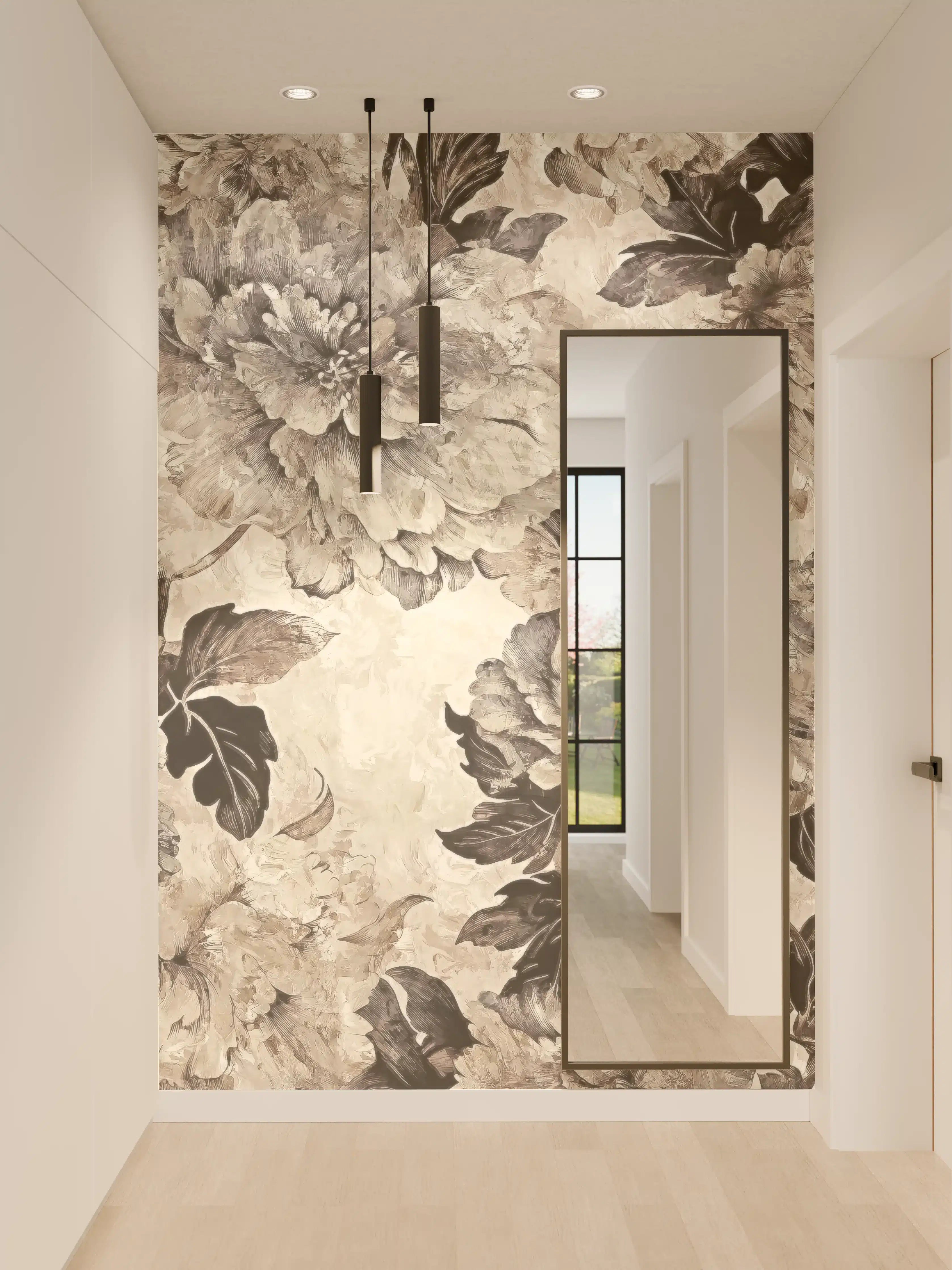 Wandverkleidung Flur - Elegantes Blumenmuster in Sepia-Tönen