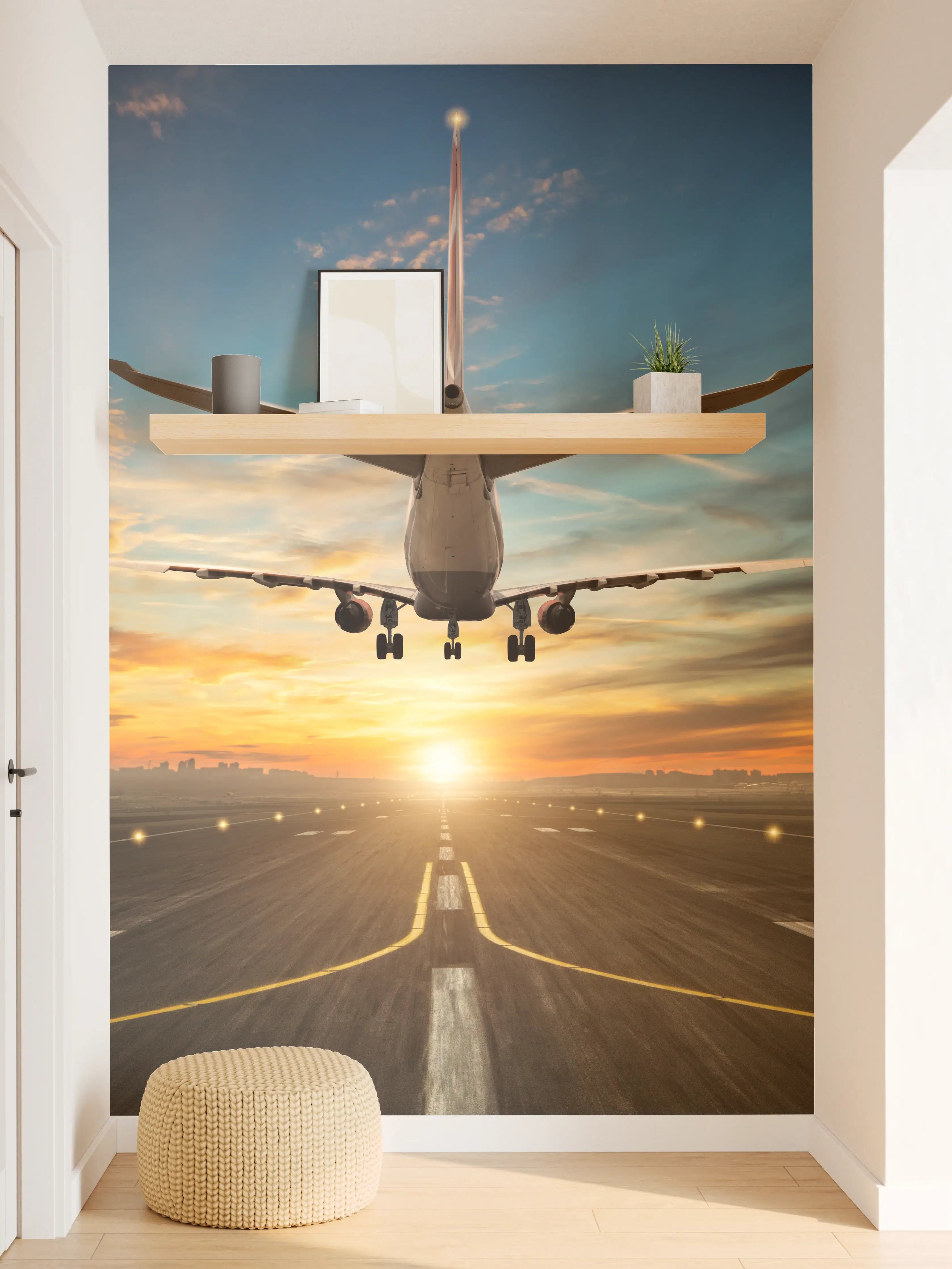 Wandverkleidung Flur - Elegantes Flugzeug im Sonnenuntergang
