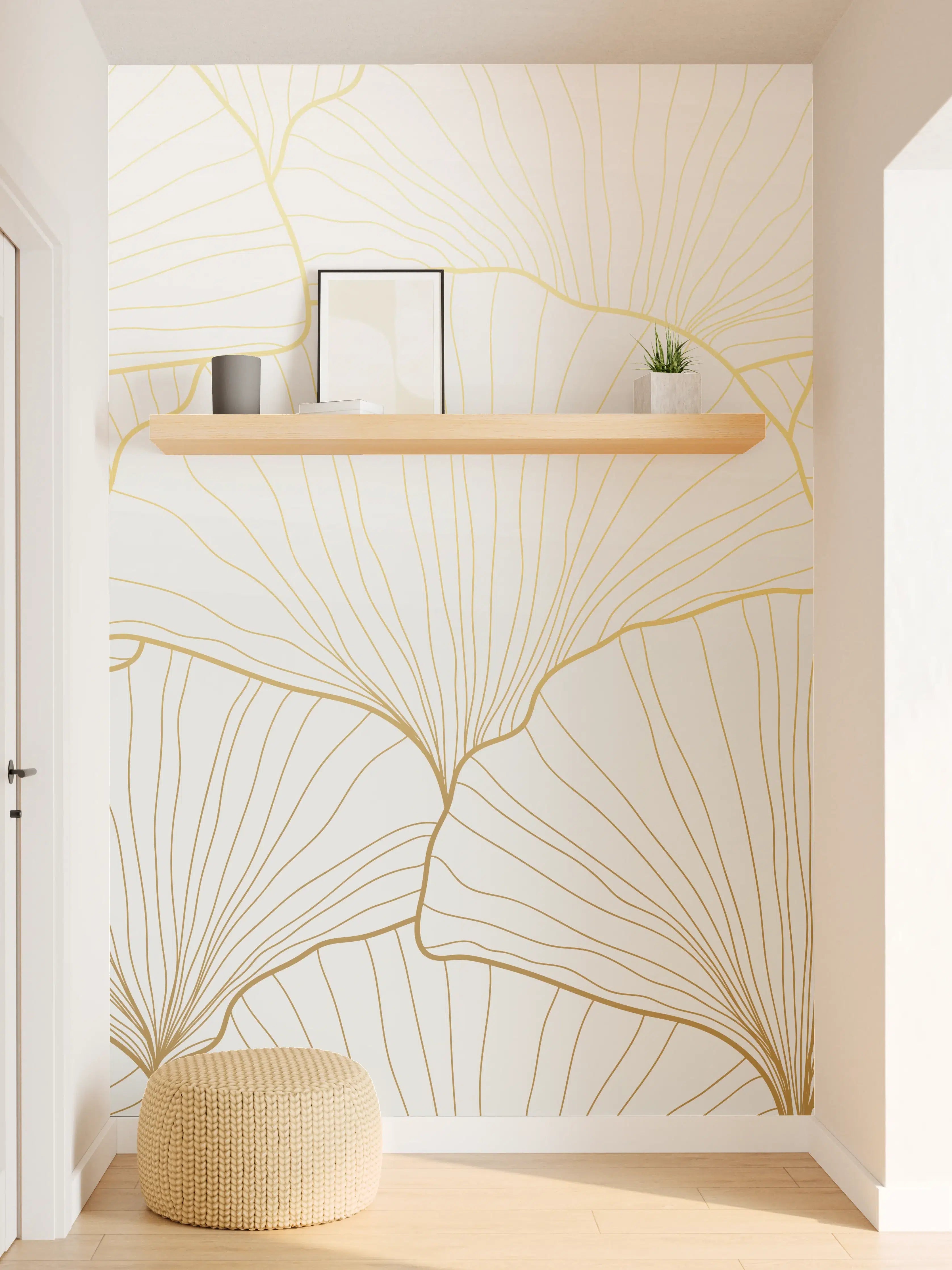 Wandverkleidung Flur - Elegantes Ginkgo-Blatt Design Weiß-Gold