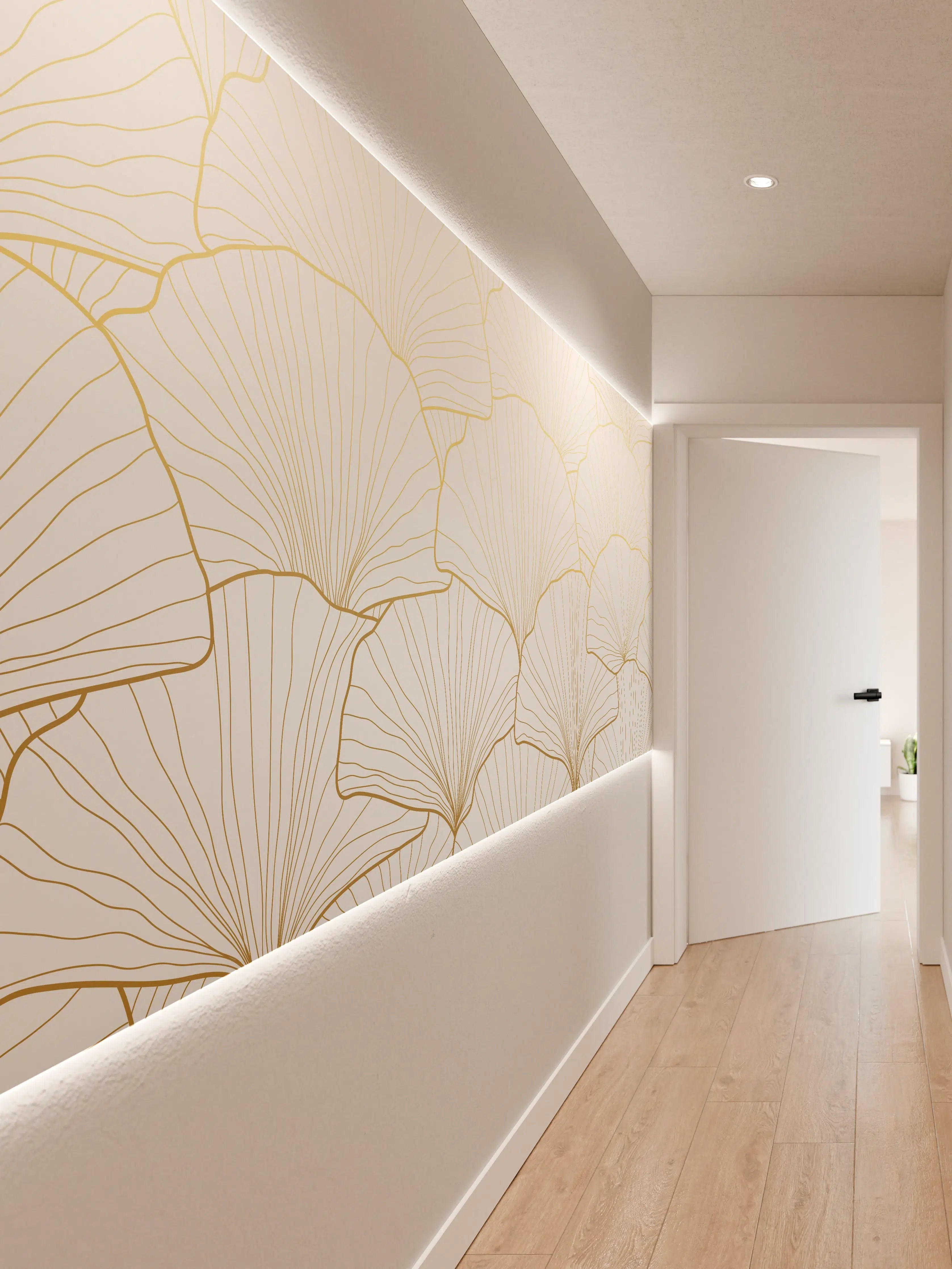 Wandverkleidung Flur - Elegantes Ginkgo-Blatt Design Weiß-Gold