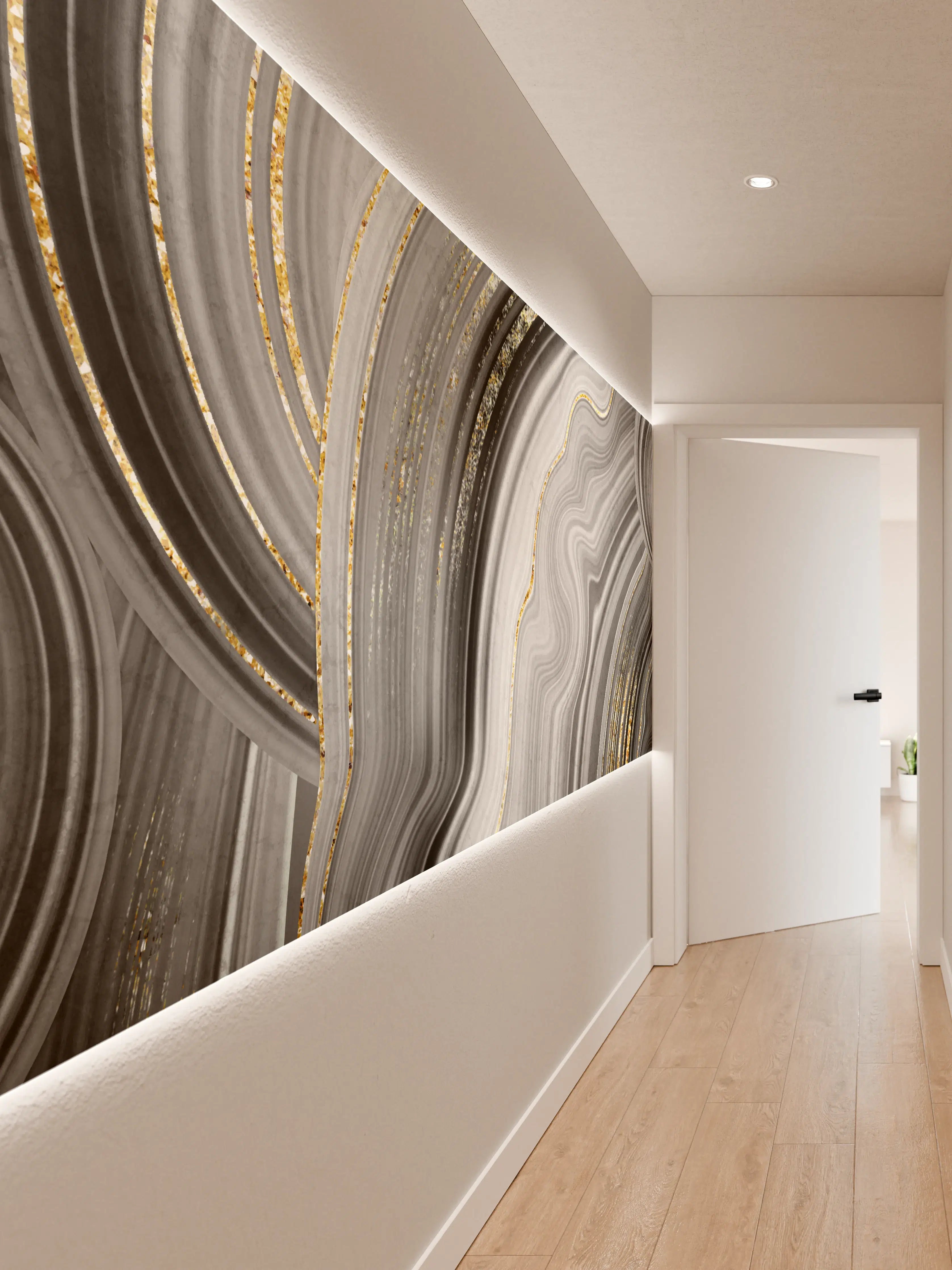 Wandverkleidung Flur - Elegantes Schwarz-Weiß-Motiv mit Goldakzenten