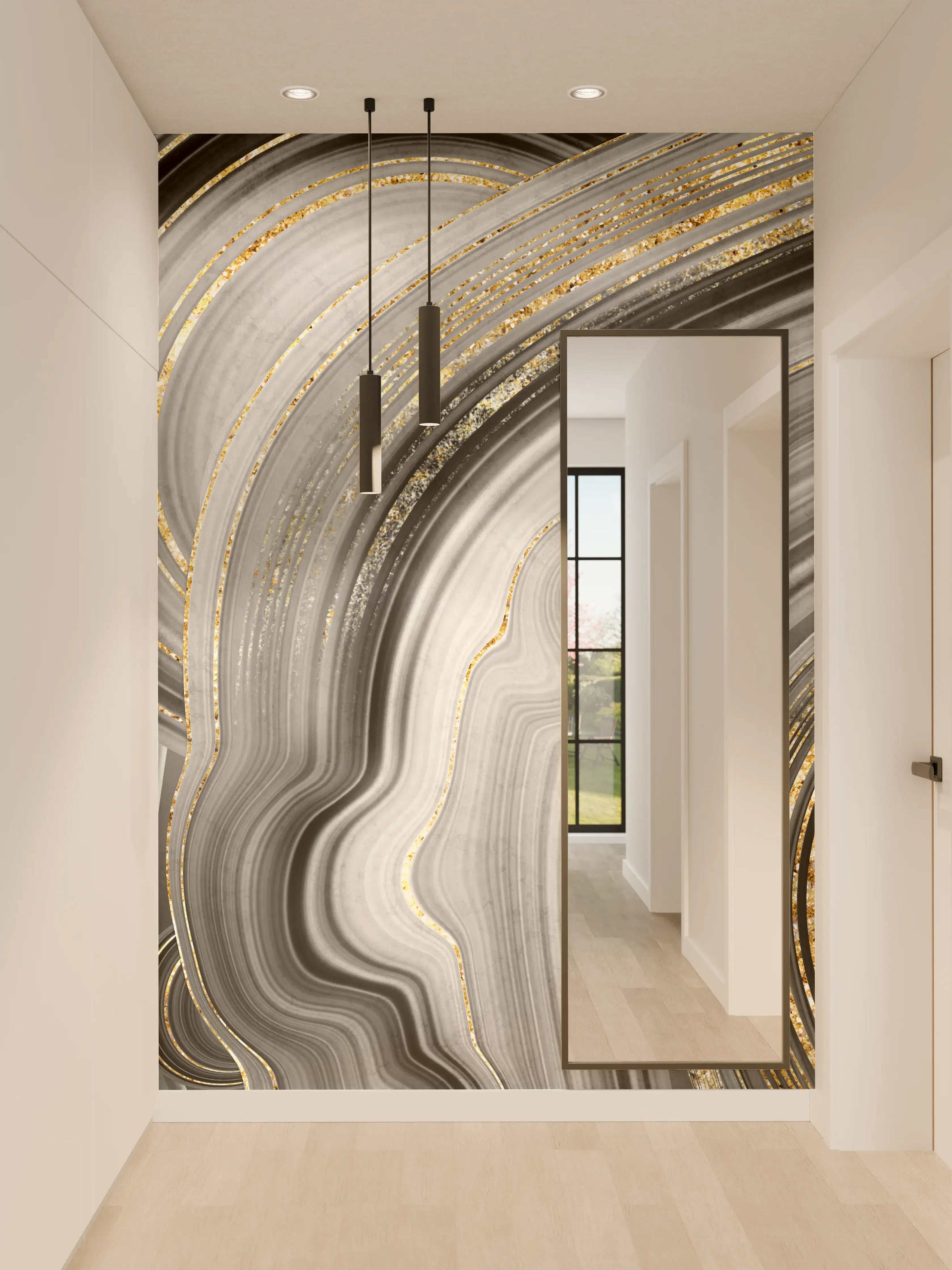 Wandverkleidung Flur - Elegantes Schwarz-Weiß-Motiv mit Goldakzenten
