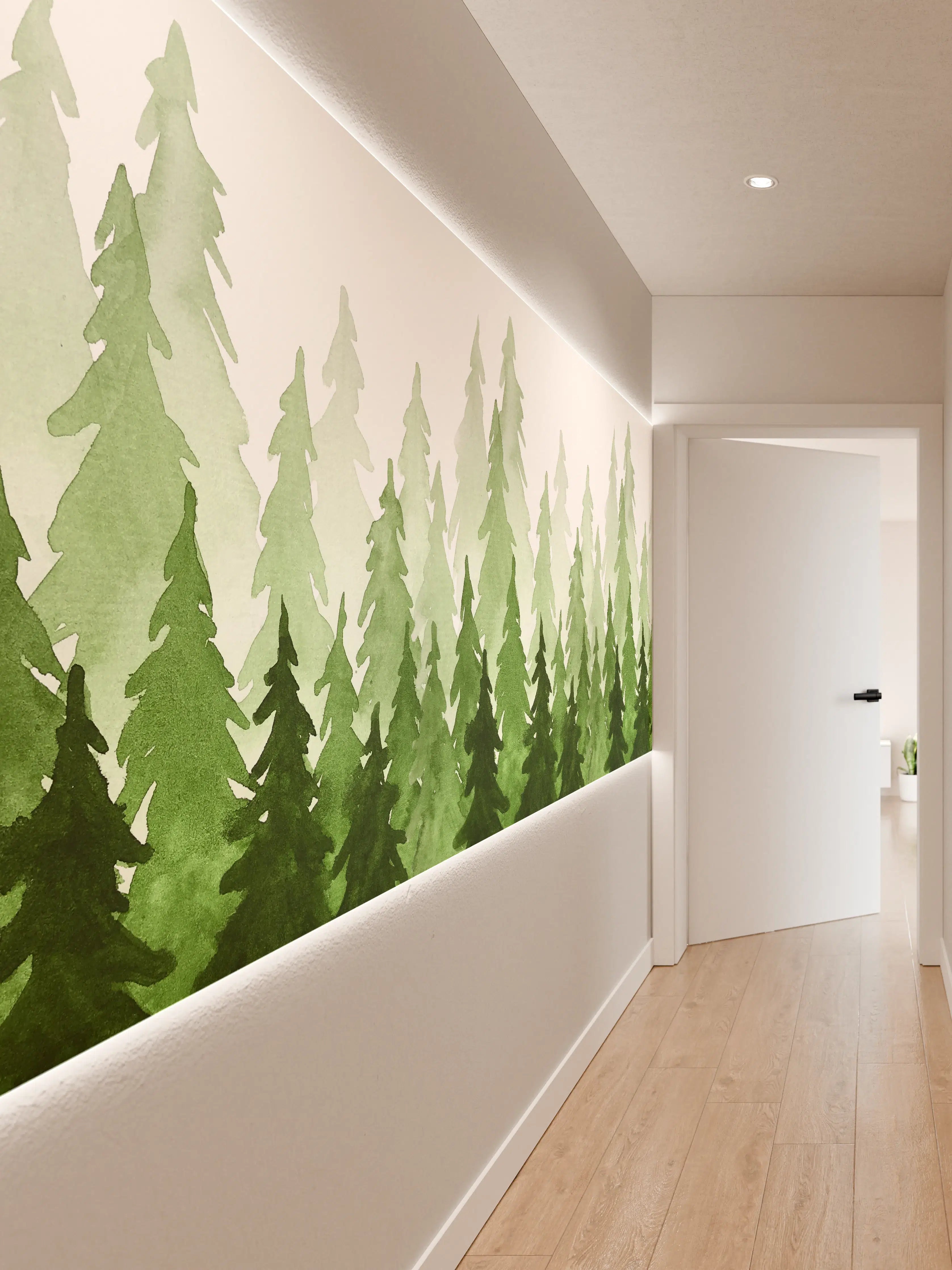 Wandverkleidung Flur - Elegantes Waldmotiv mit Grüntönen