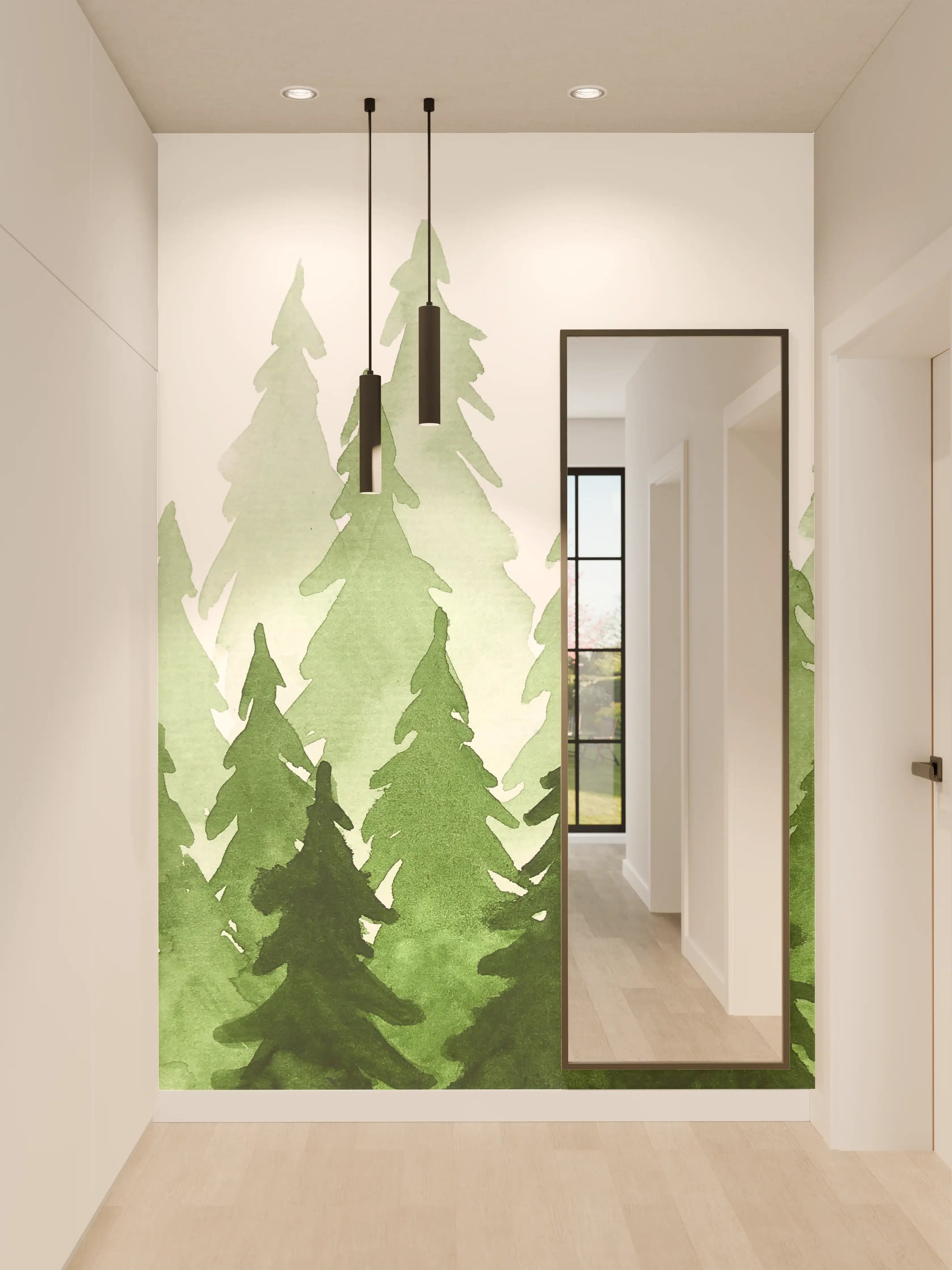 Wandverkleidung Flur - Elegantes Waldmotiv mit Grüntönen