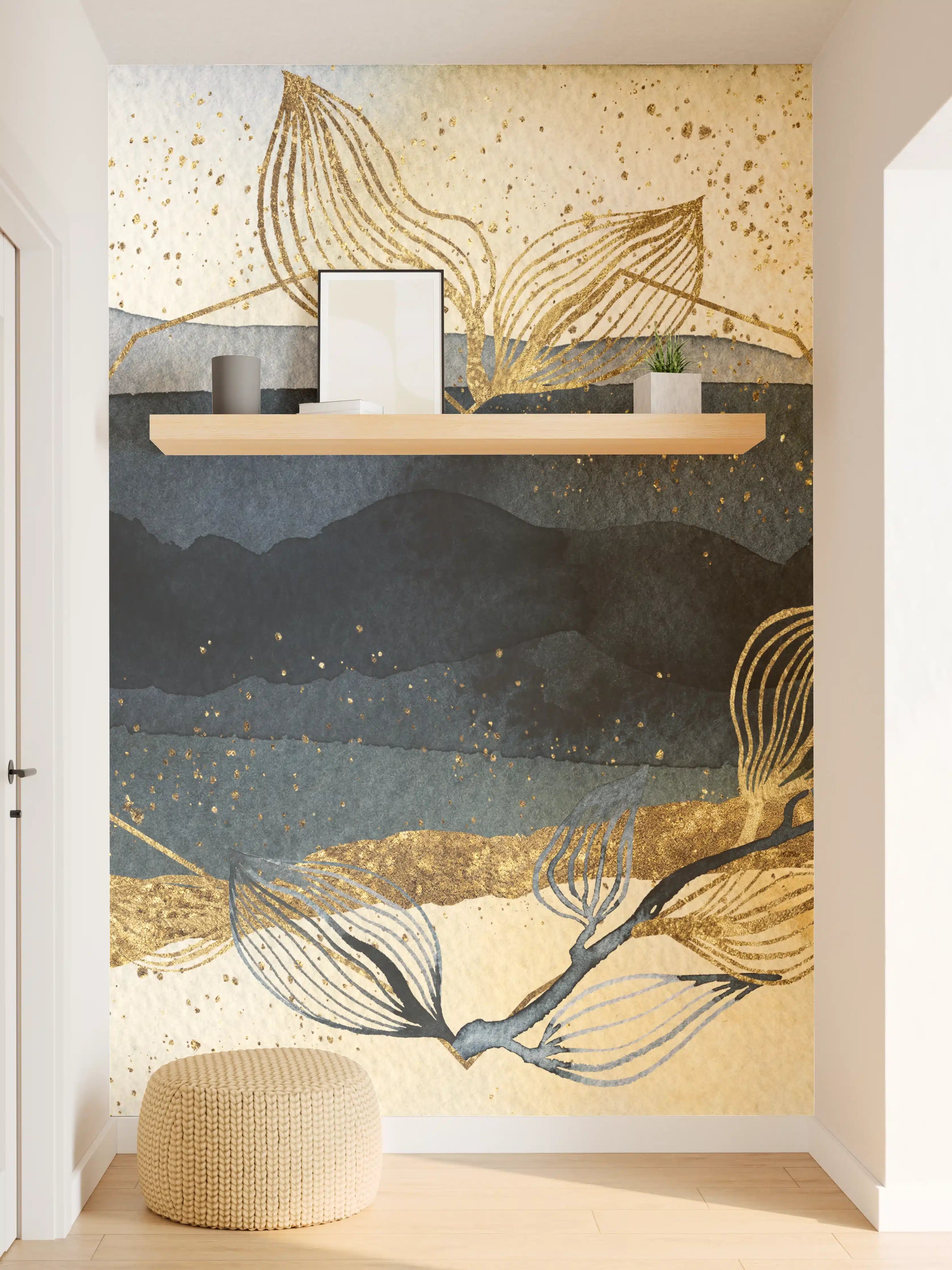Wandverkleidung Flur - Elegantes Wasserfarbenbild mit Goldakzenten