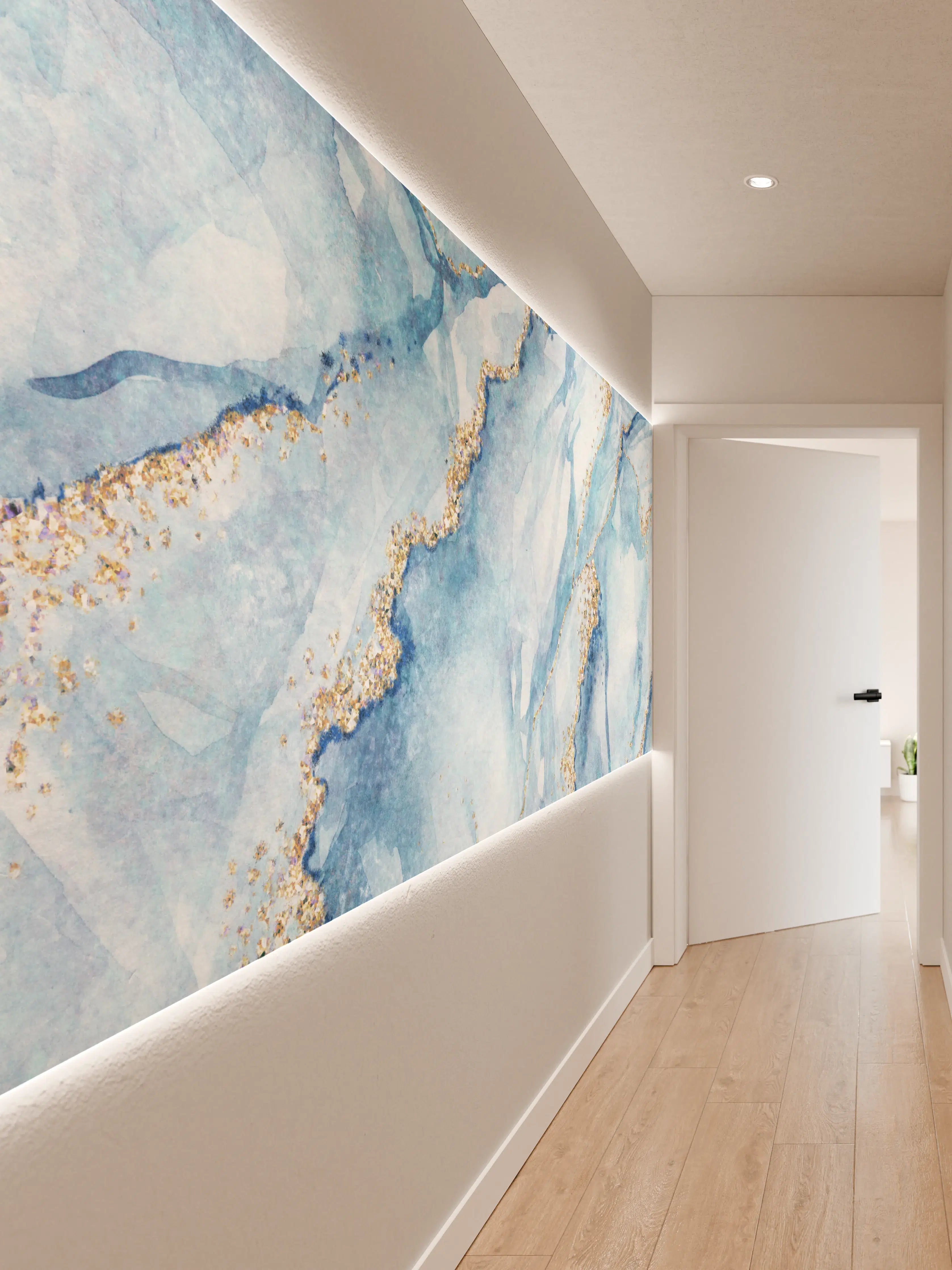 Wandverkleidung Flur - Elegantes blaugraues Marmor-Design mit goldenen Akzenten