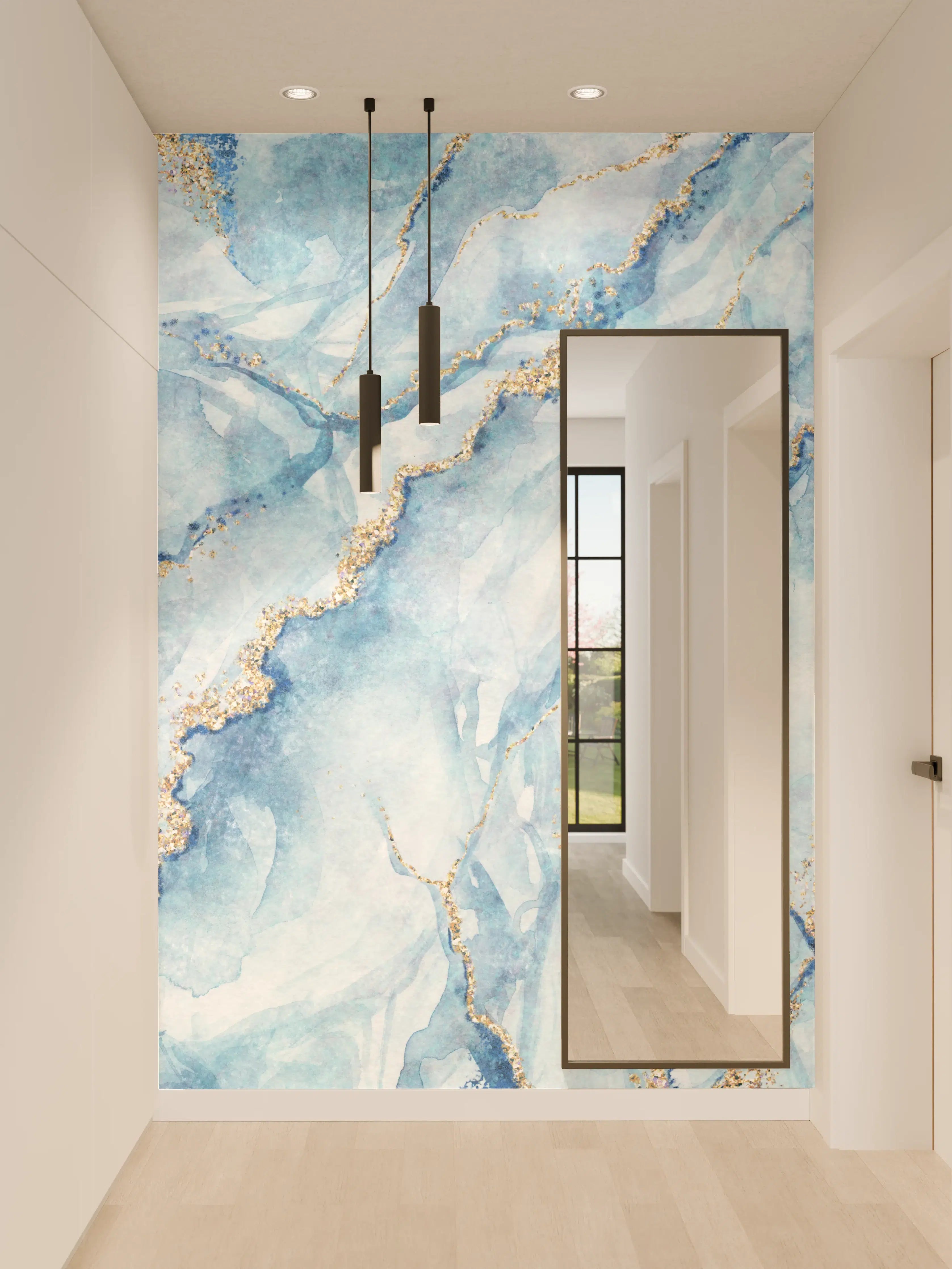 Wandverkleidung Flur - Elegantes blaugraues Marmor-Design mit goldenen Akzenten