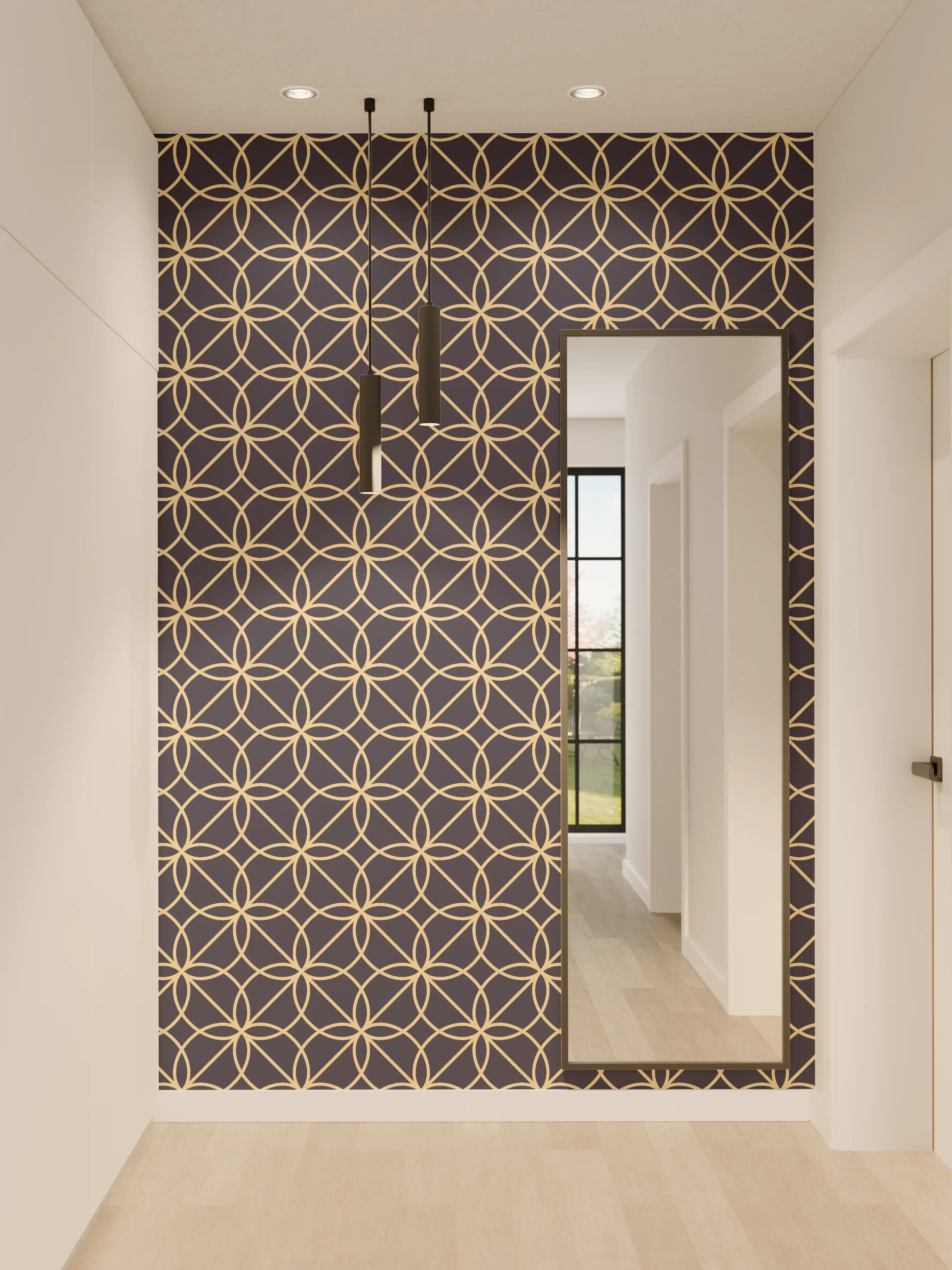 Wandverkleidung Flur - Elegantes geometrisches Muster in Gold auf Dunkelblau