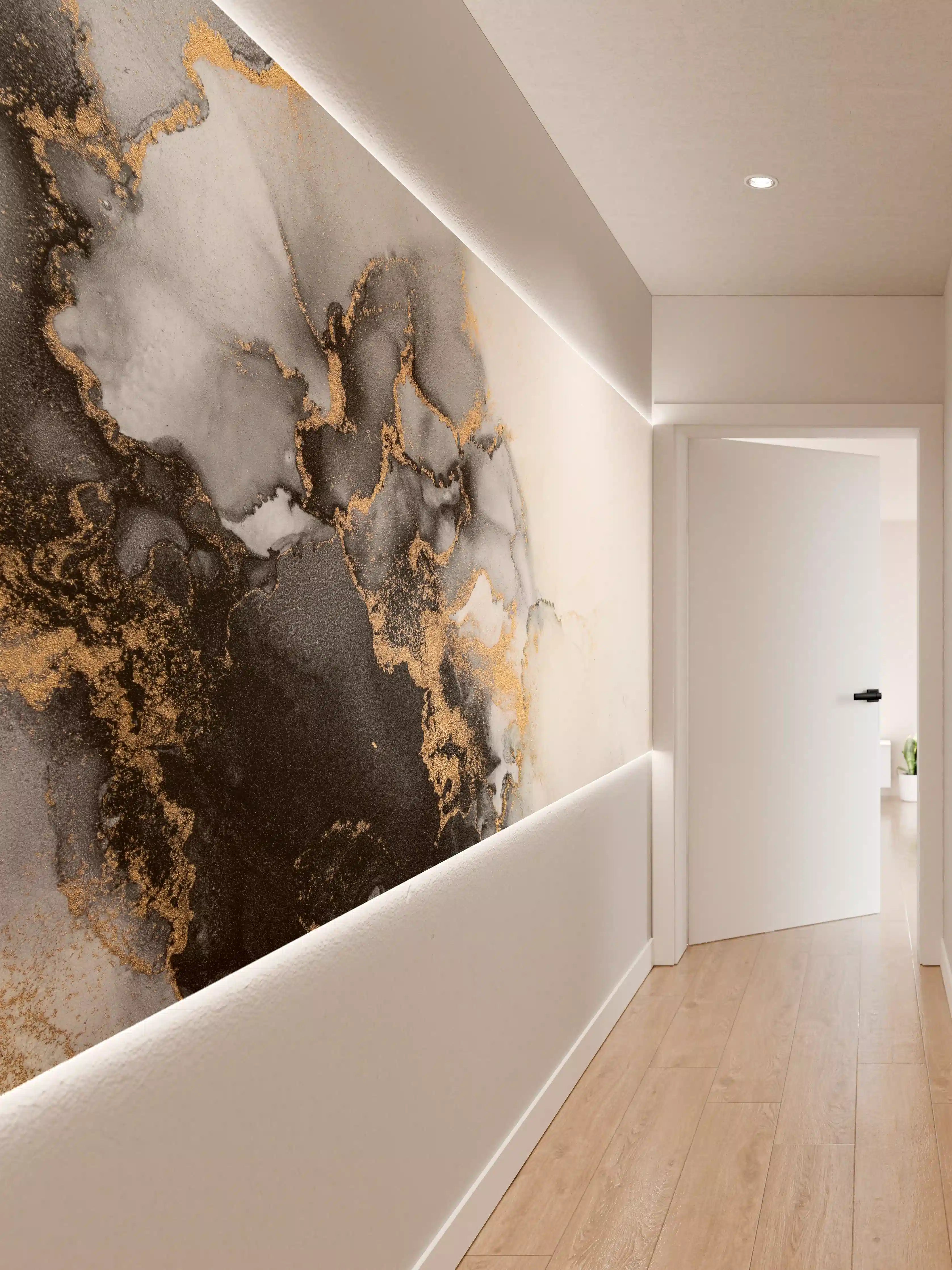 Wandverkleidung Flur - Elegantes schwarzes und goldfarbenes Marmor-Design