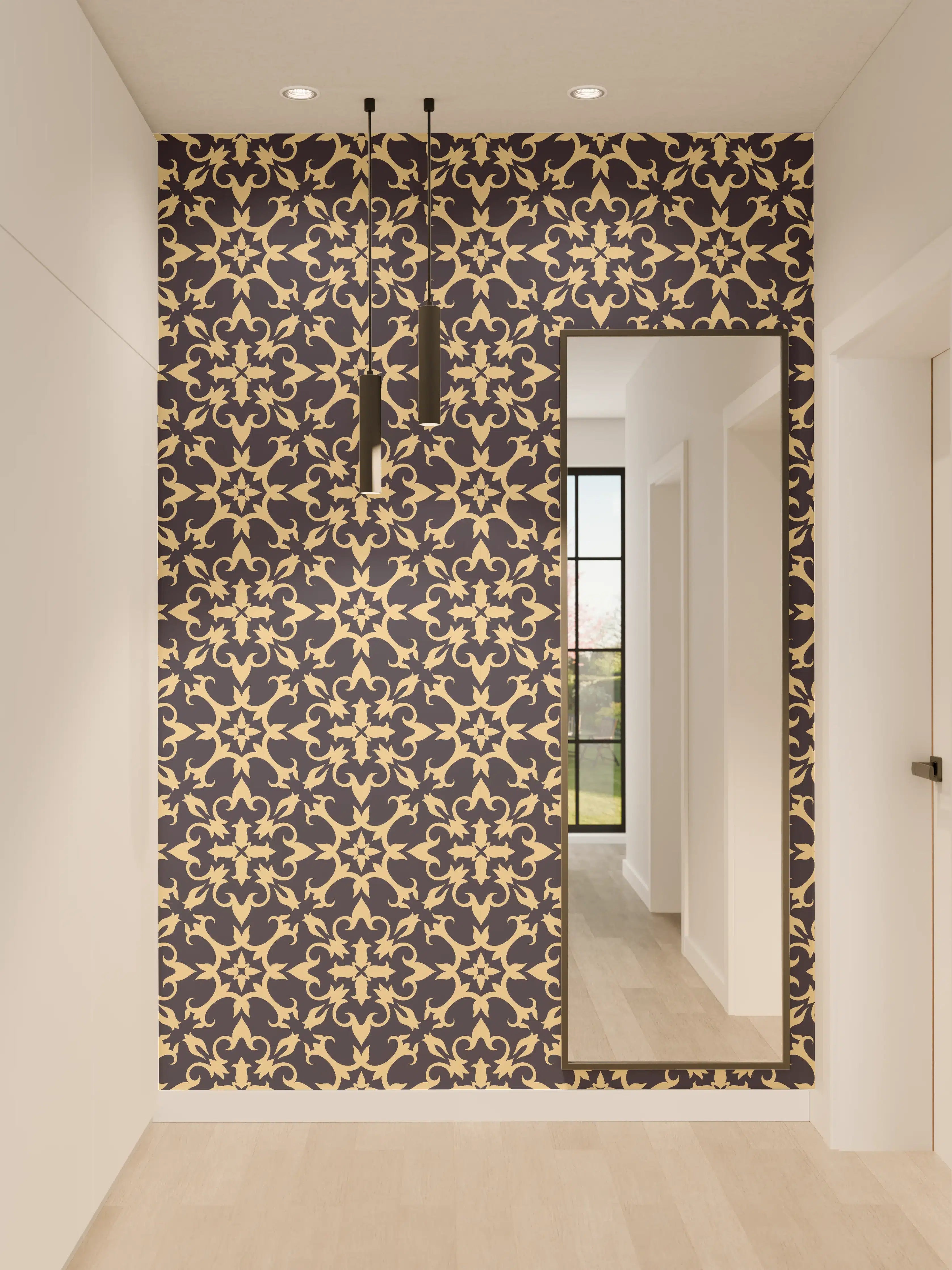 Wandverkleidung Flur - Elegantes, dekoratives Muster in Dunkelblau und Beige