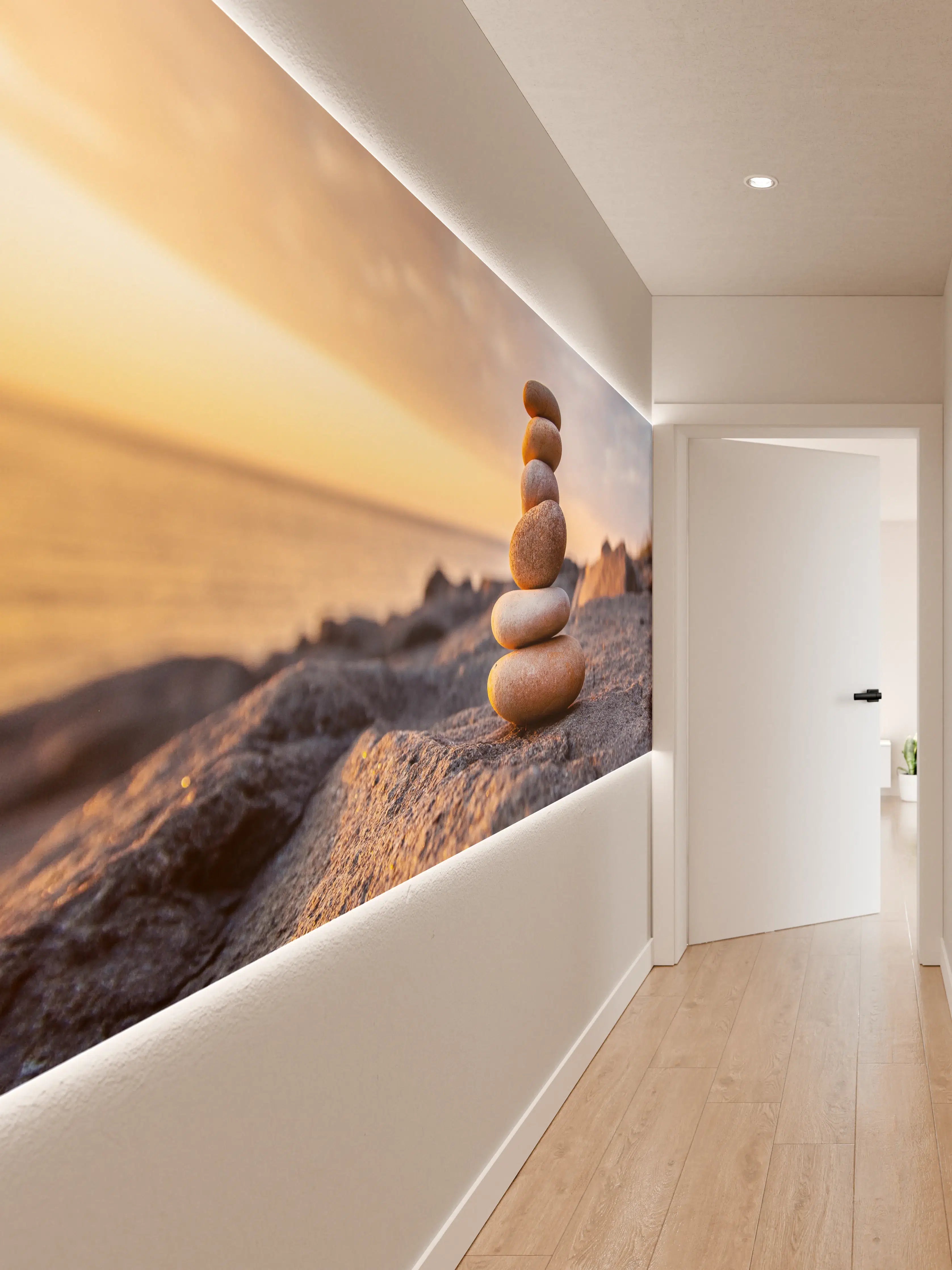 Wandverkleidung Flur - Entspannende Steine am Strand bei Sonnenuntergang