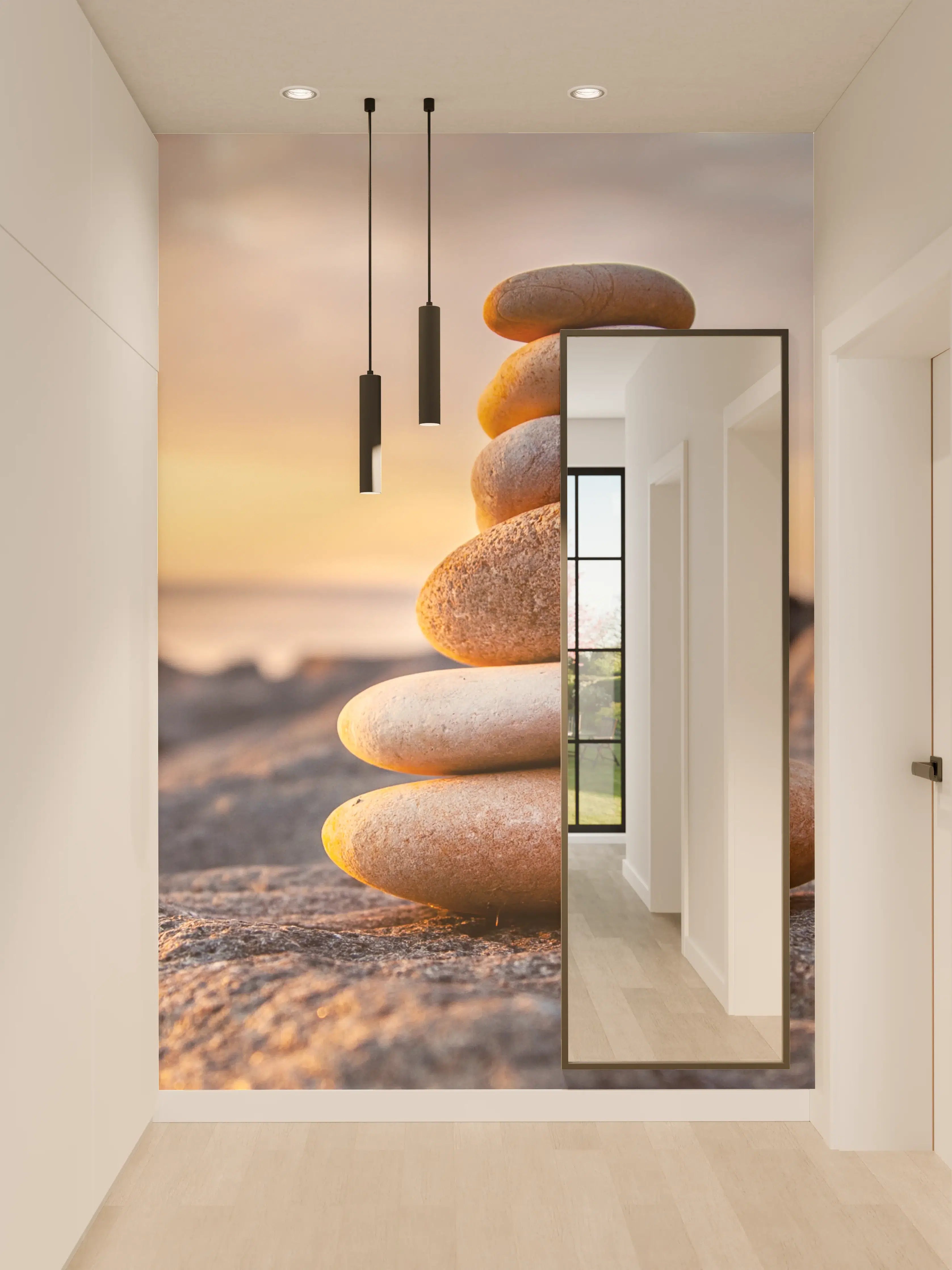 Wandverkleidung Flur - Entspannende Steine am Strand bei Sonnenuntergang