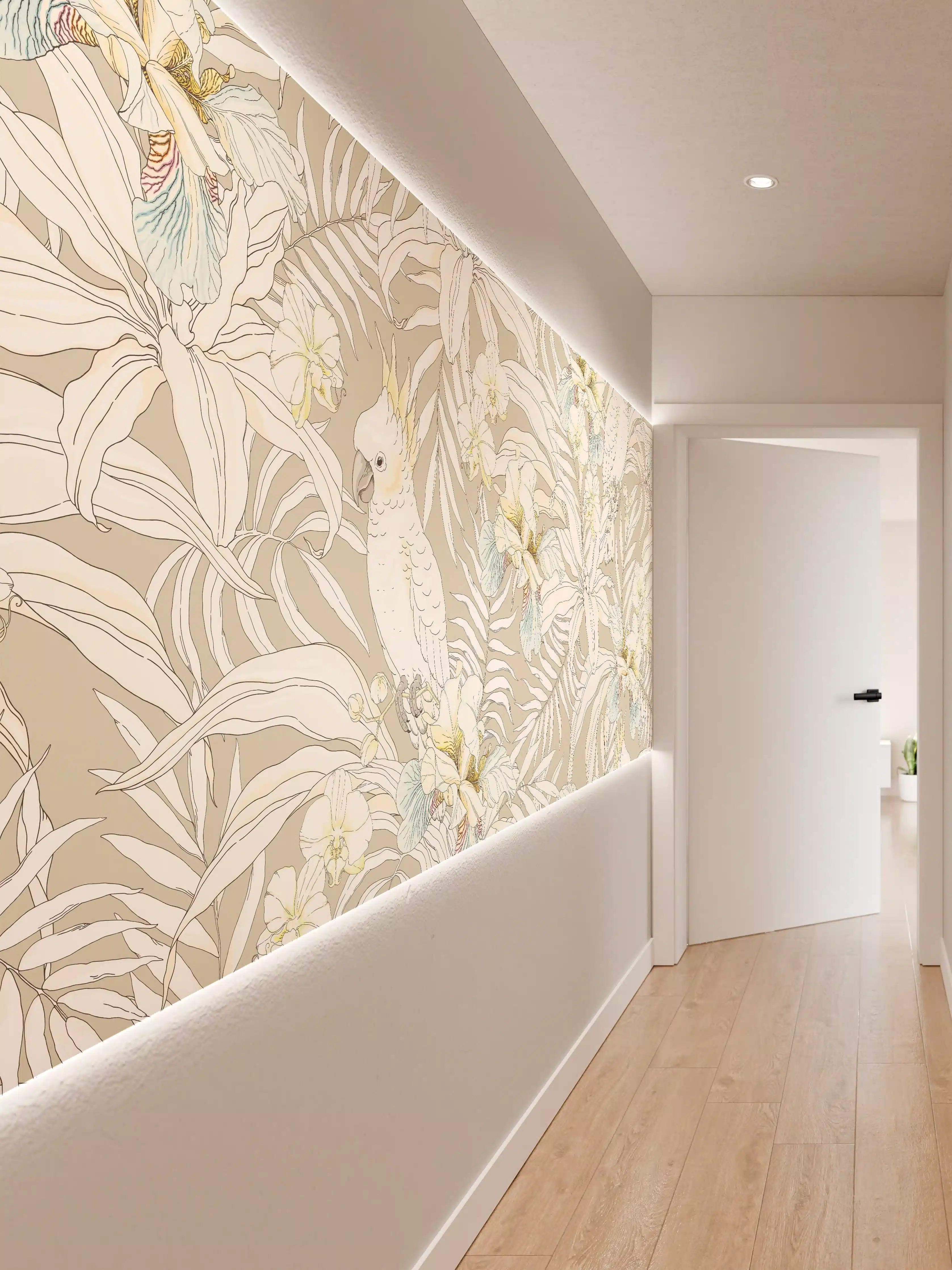 Wandverkleidung Flur - Exotische Kakadu-Blumen-Musterung