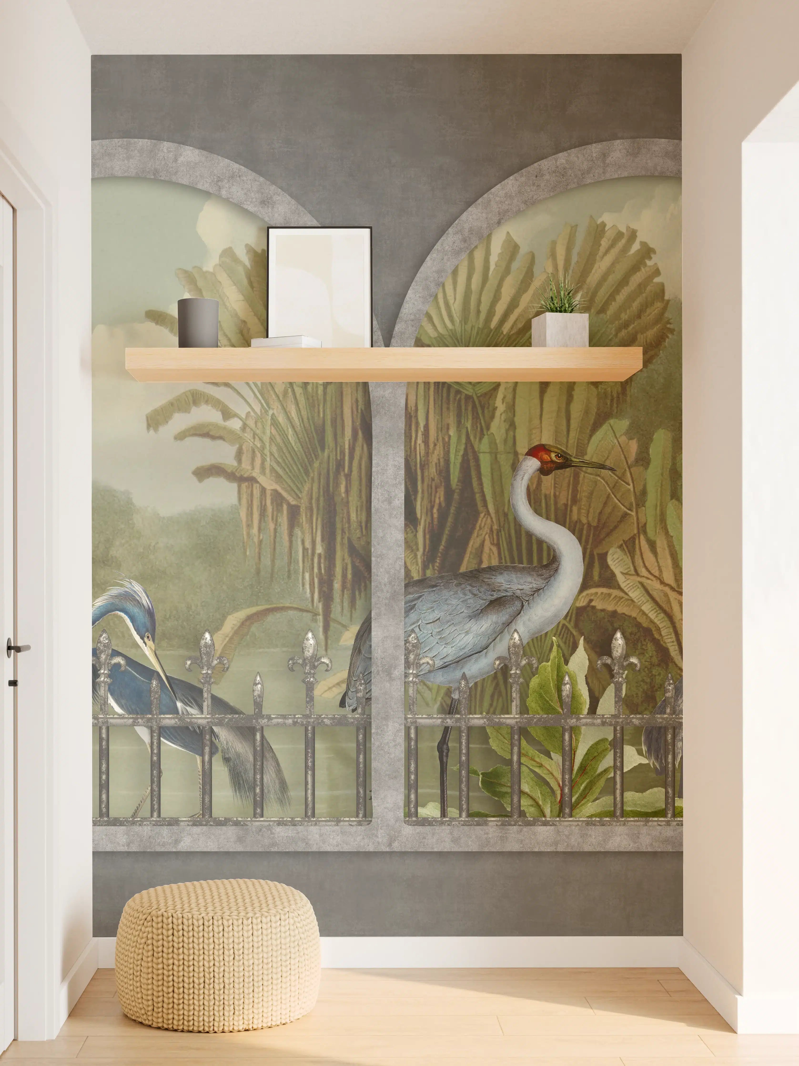 Wandverkleidung Flur - Exotische Kraniche Naturpanorama