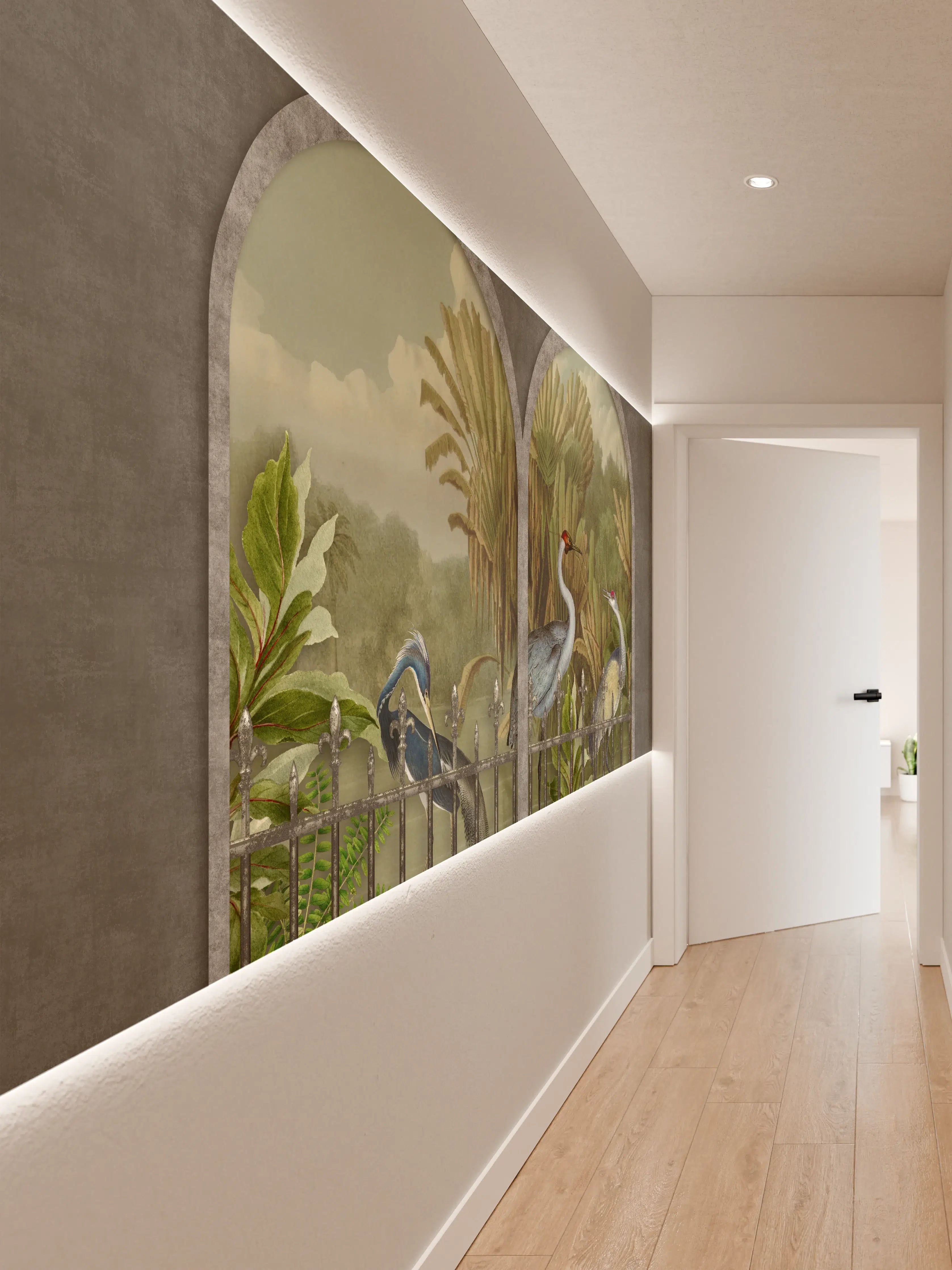Wandverkleidung Flur - Exotische Kraniche Naturpanorama