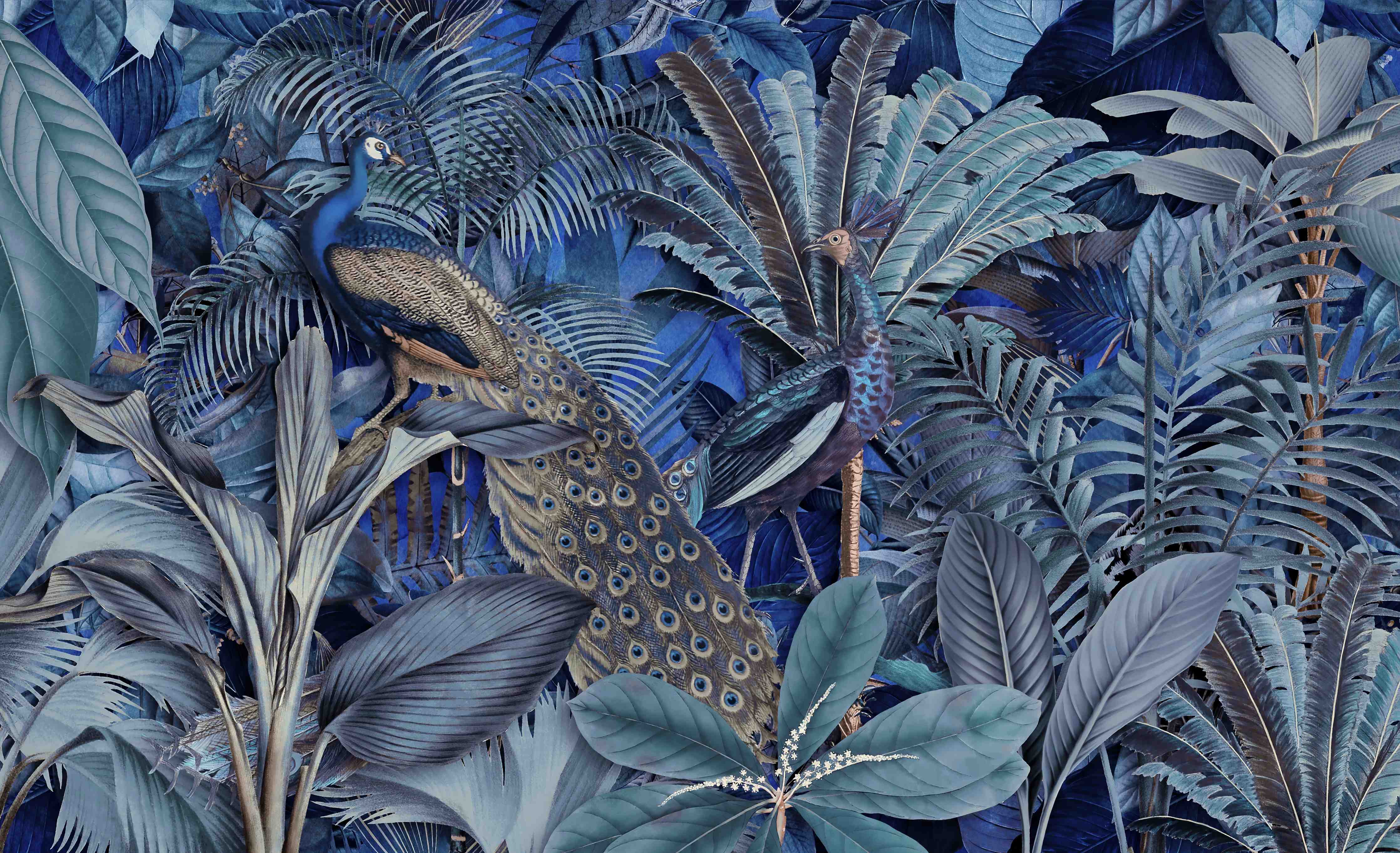 Wandverkleidung Flur-Exotischer Garten - Blaue Pfauen