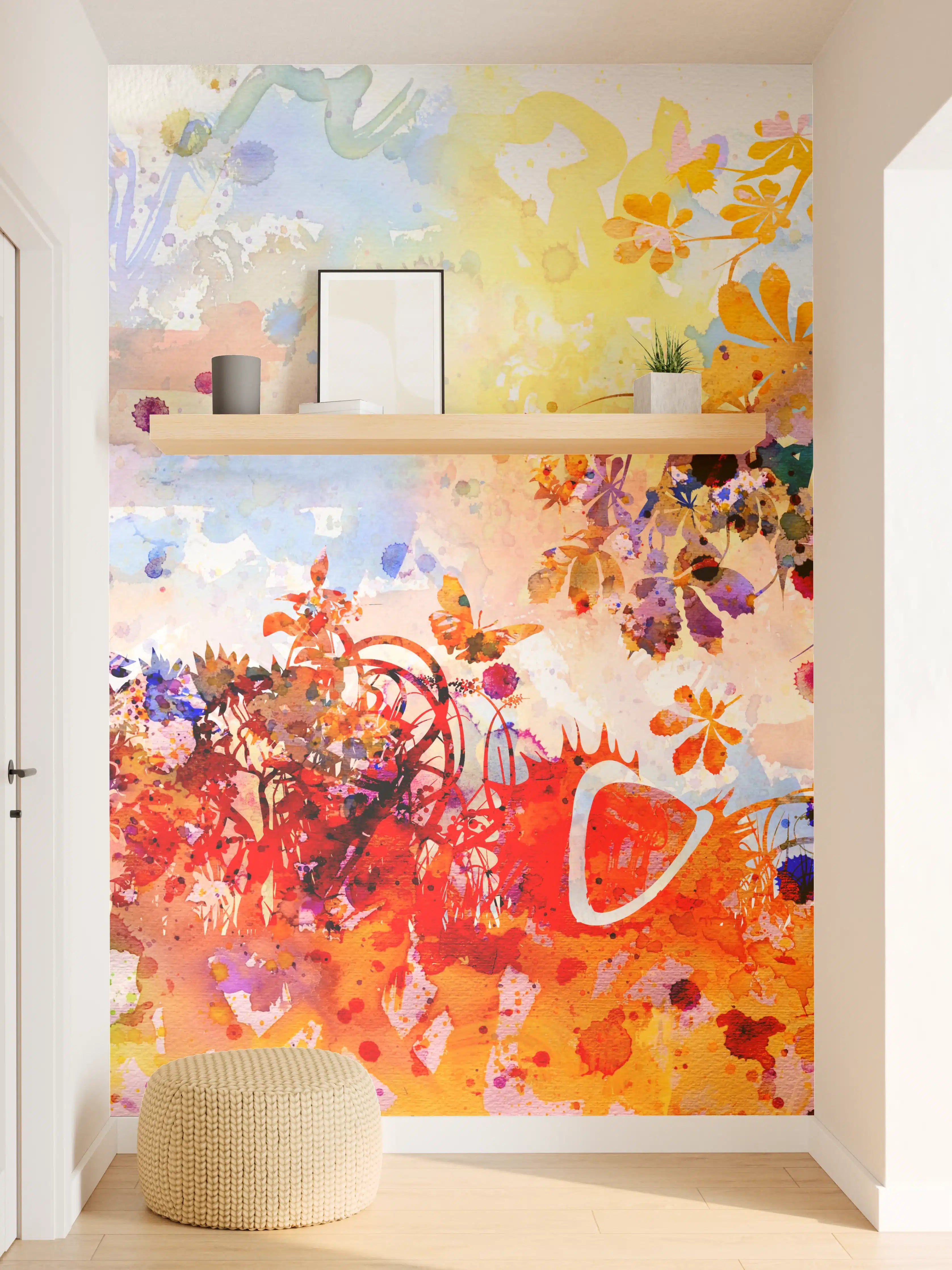 Wandverkleidung Flur - Farbenfrohe Aquarellkunst mit Blumen und Naturmotiven