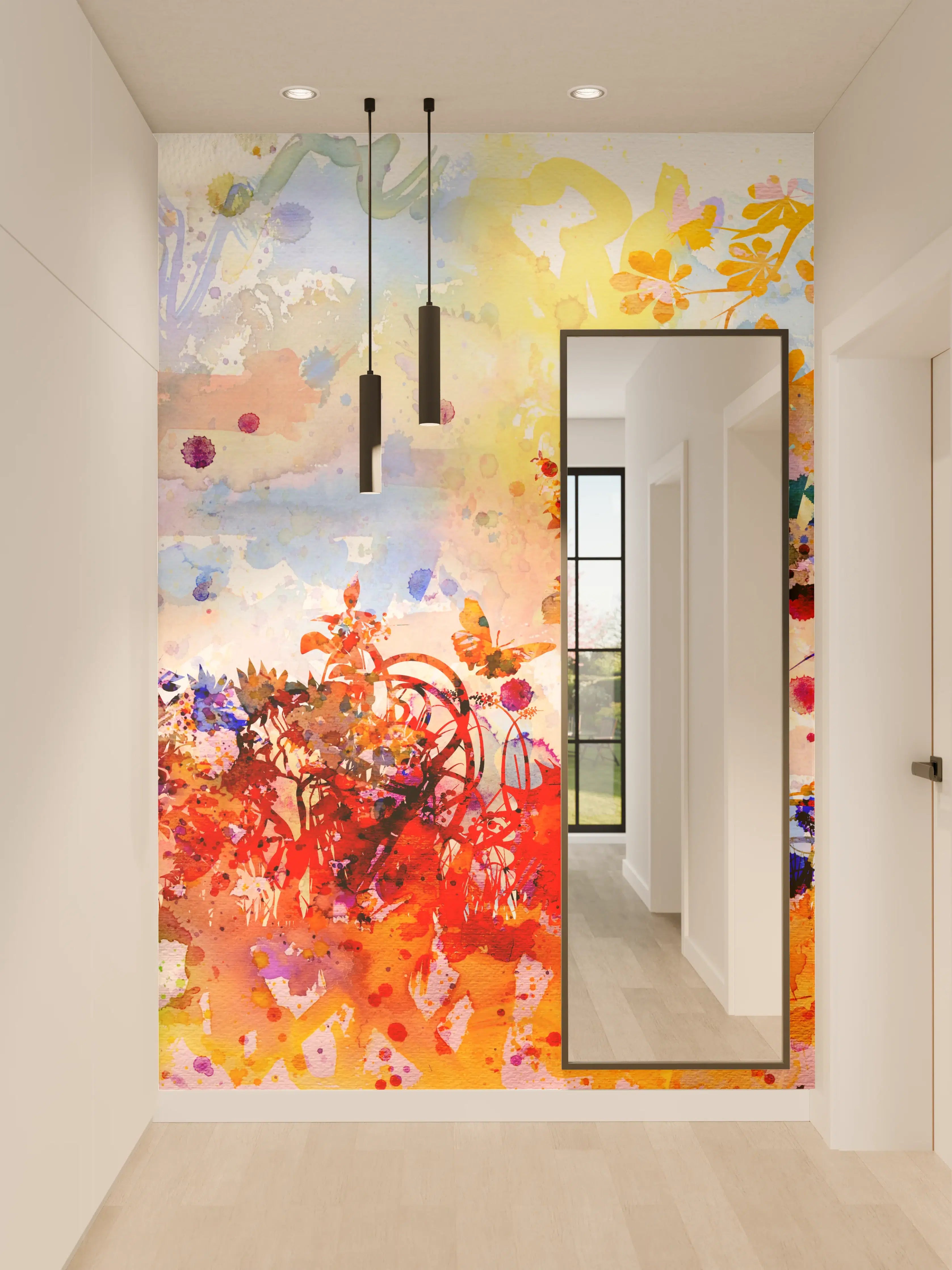 Wandverkleidung Flur - Farbenfrohe Aquarellkunst mit Blumen und Naturmotiven