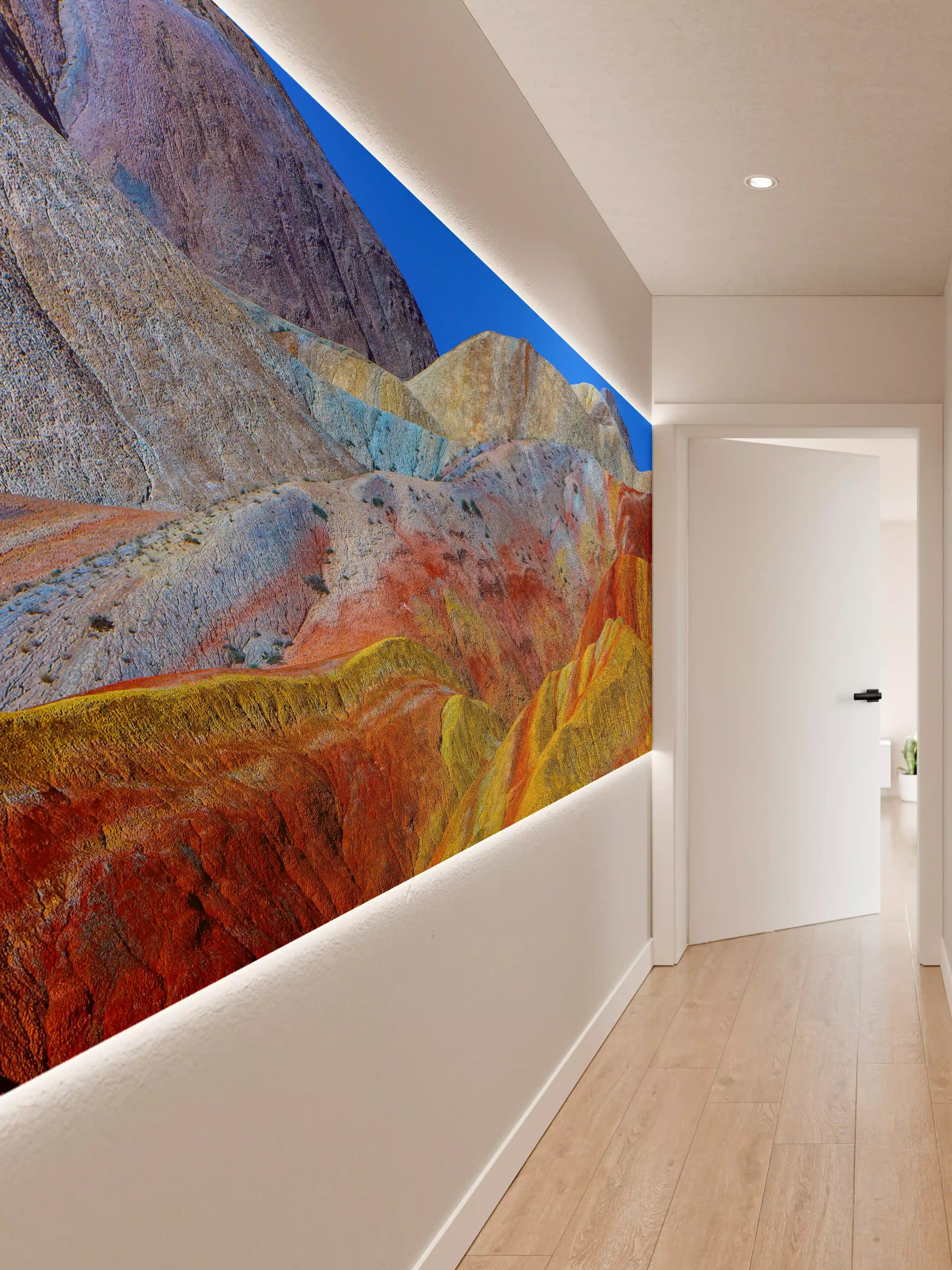 Wandverkleidung Flur - Farbenfrohe Berglandschaft im Kaleidoskop-Stil