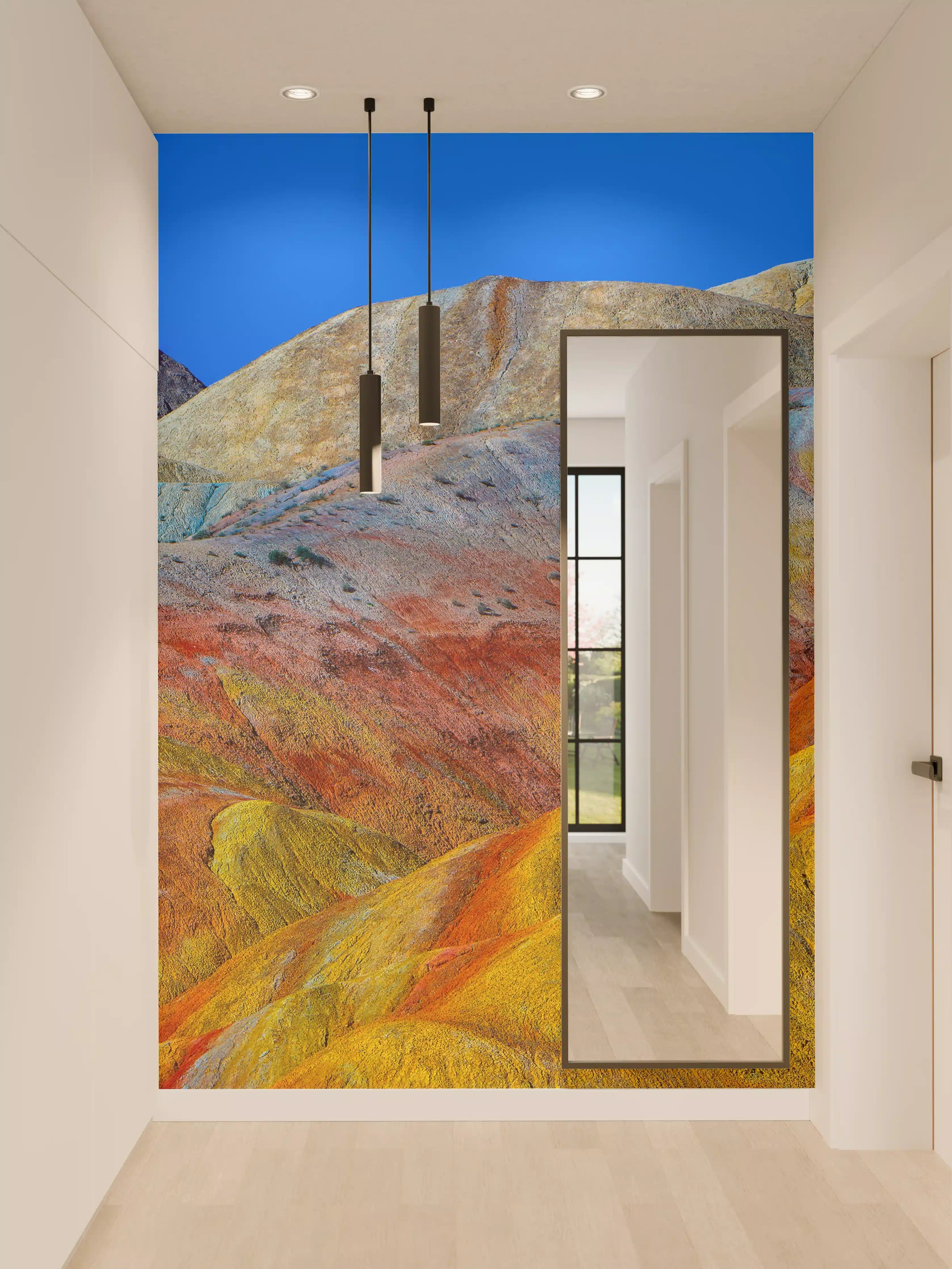 Wandverkleidung Flur - Farbenfrohe Berglandschaft im Kaleidoskop-Stil