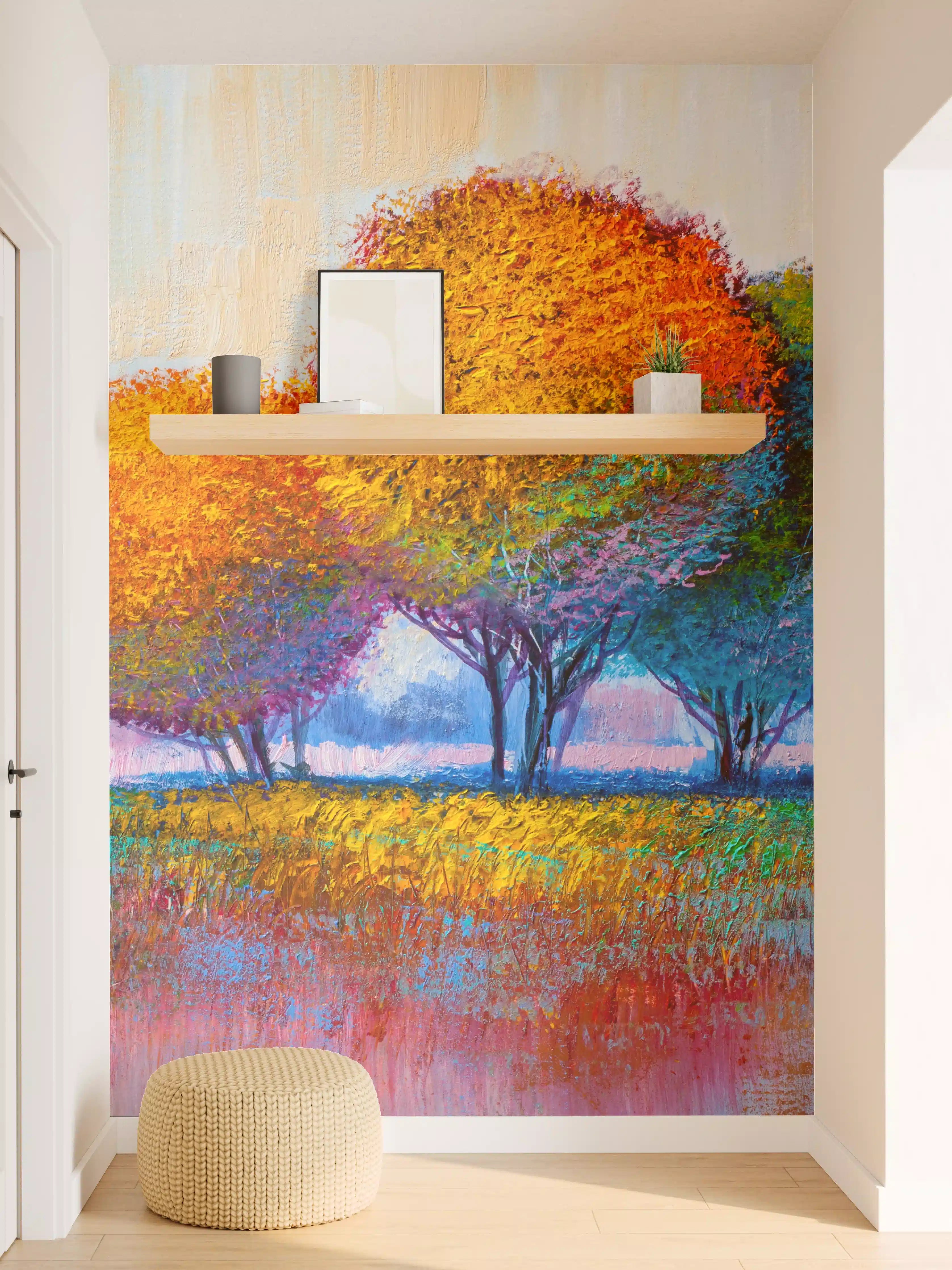 Wandverkleidung Flur - Farbenfroher Baumgarten in Impressionistischer Maltechnik