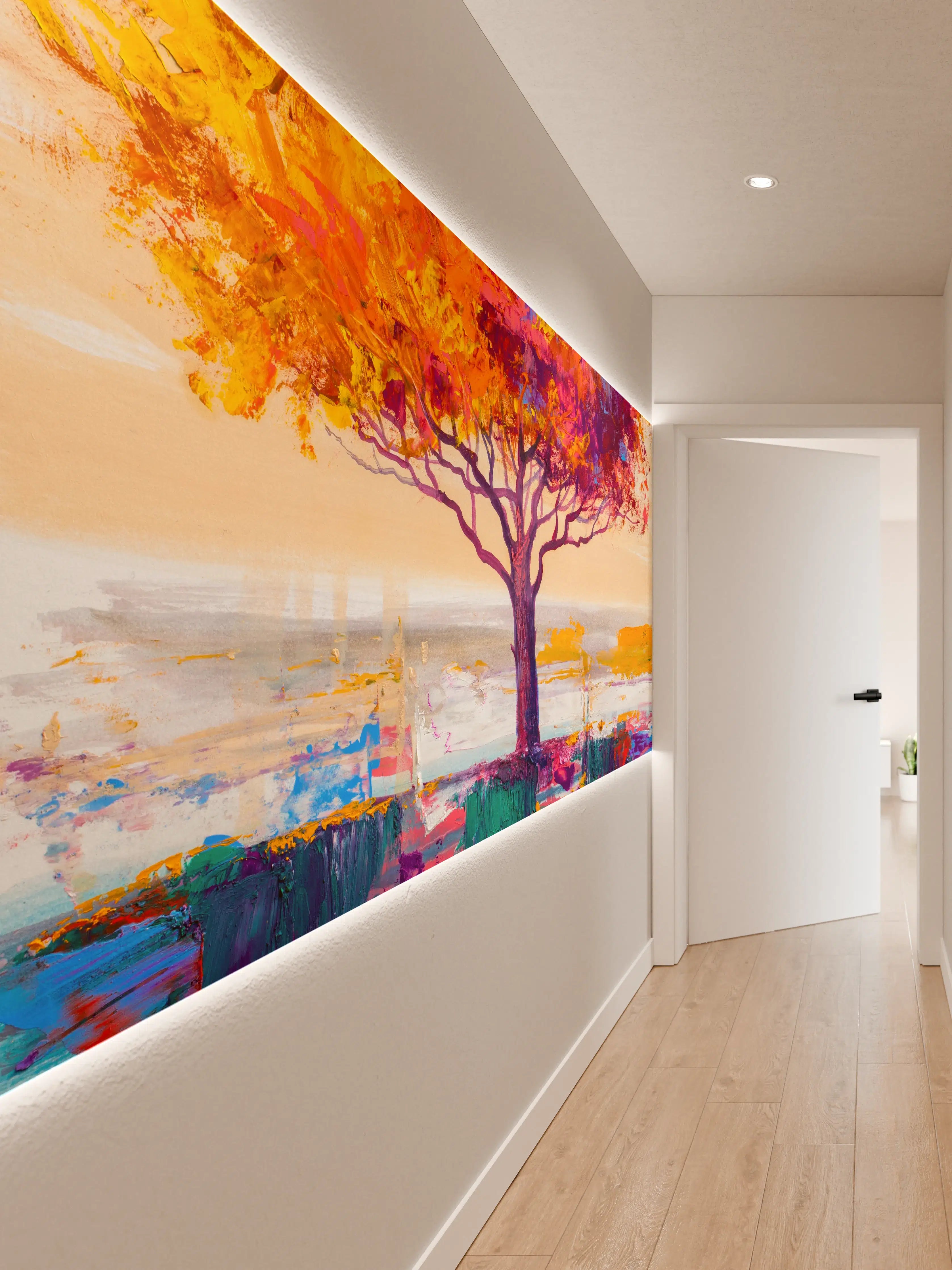 Wandverkleidung Flur - Farbenfroher Herbstbaum im Aquarellstil