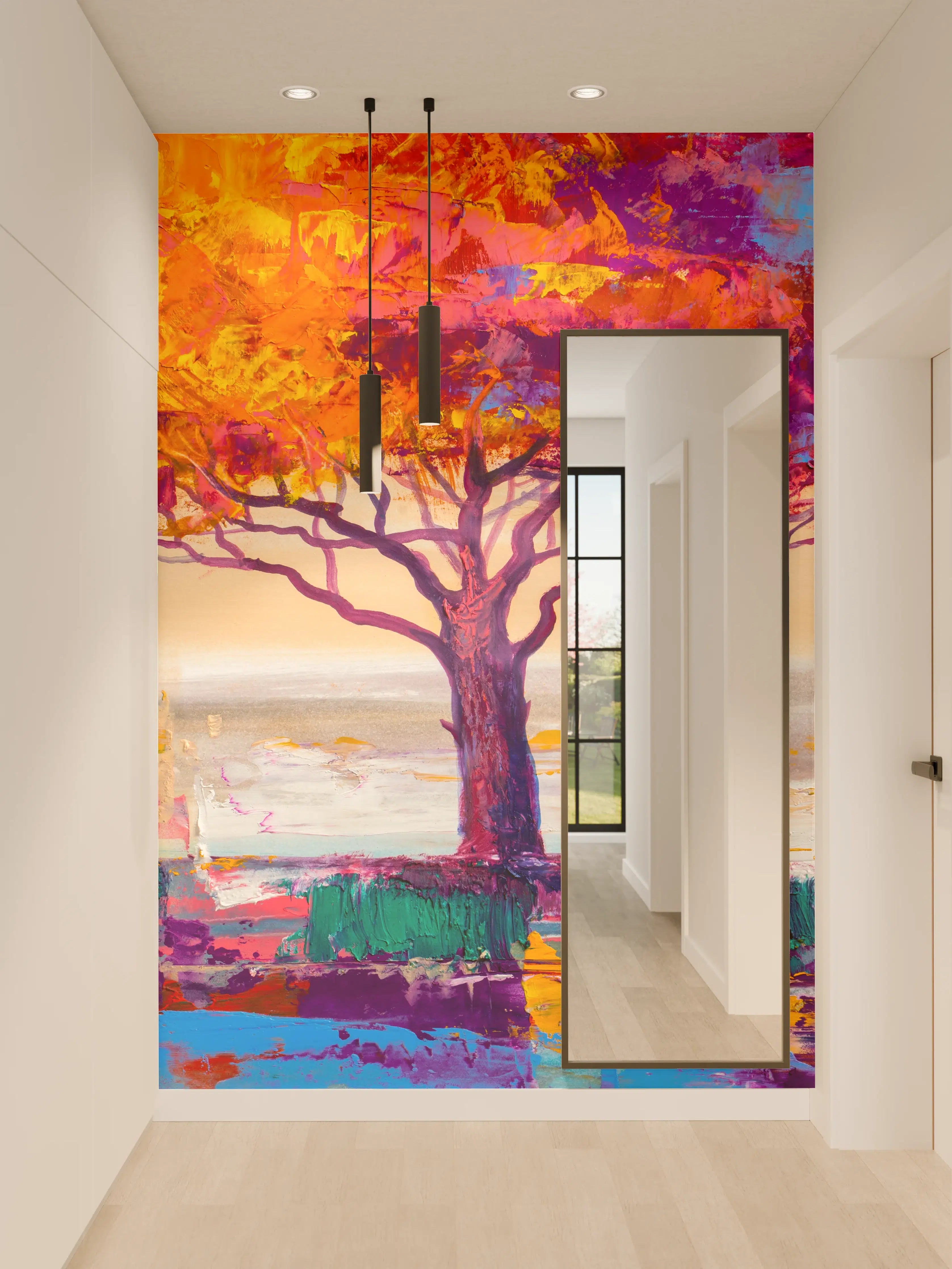 Wandverkleidung Flur - Farbenfroher Herbstbaum im Aquarellstil