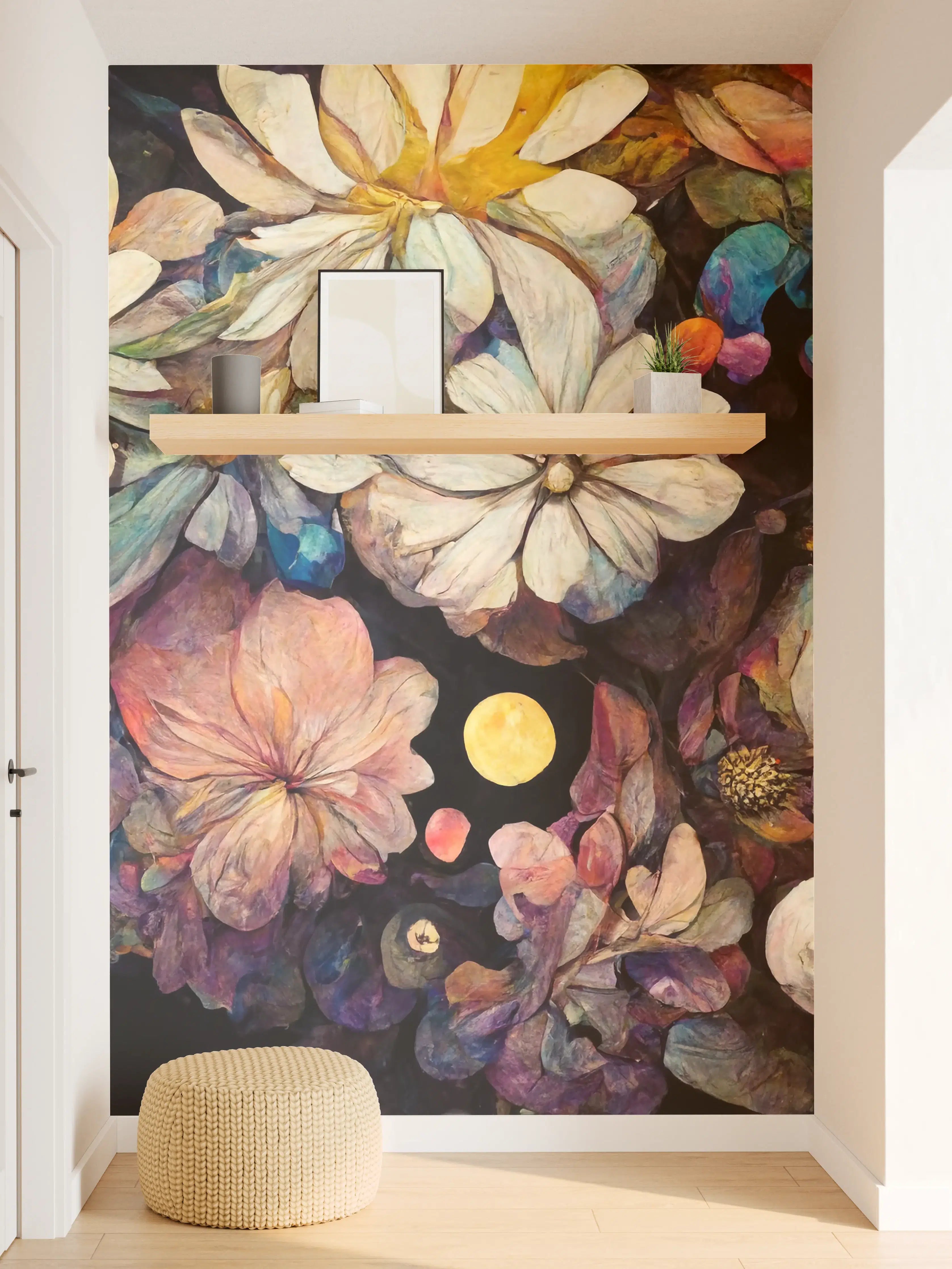 Wandverkleidung Flur - Farbenfrohes Blumenmeer in Dunkelheit