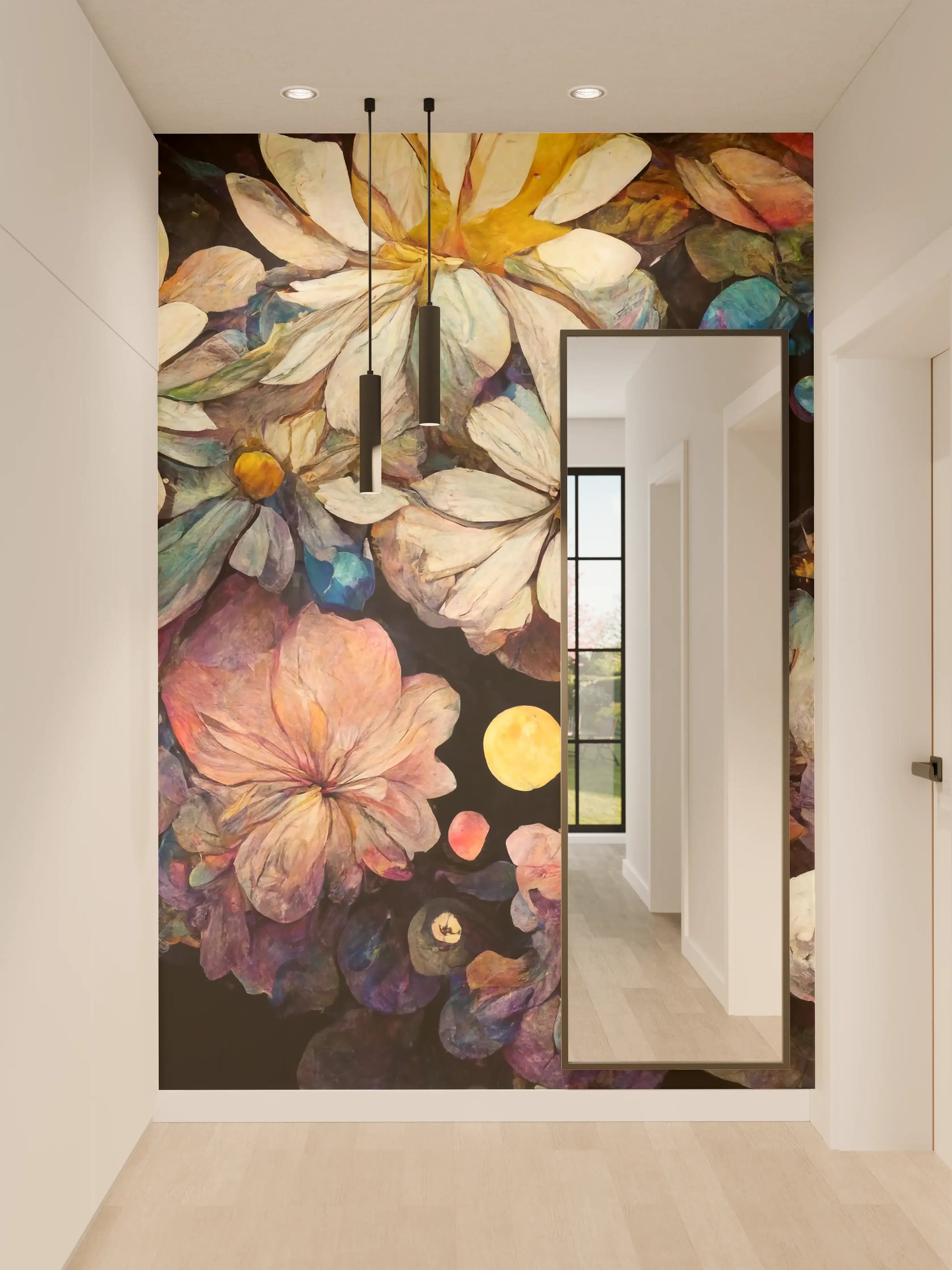 Wandverkleidung Flur - Farbenfrohes Blumenmeer in Dunkelheit