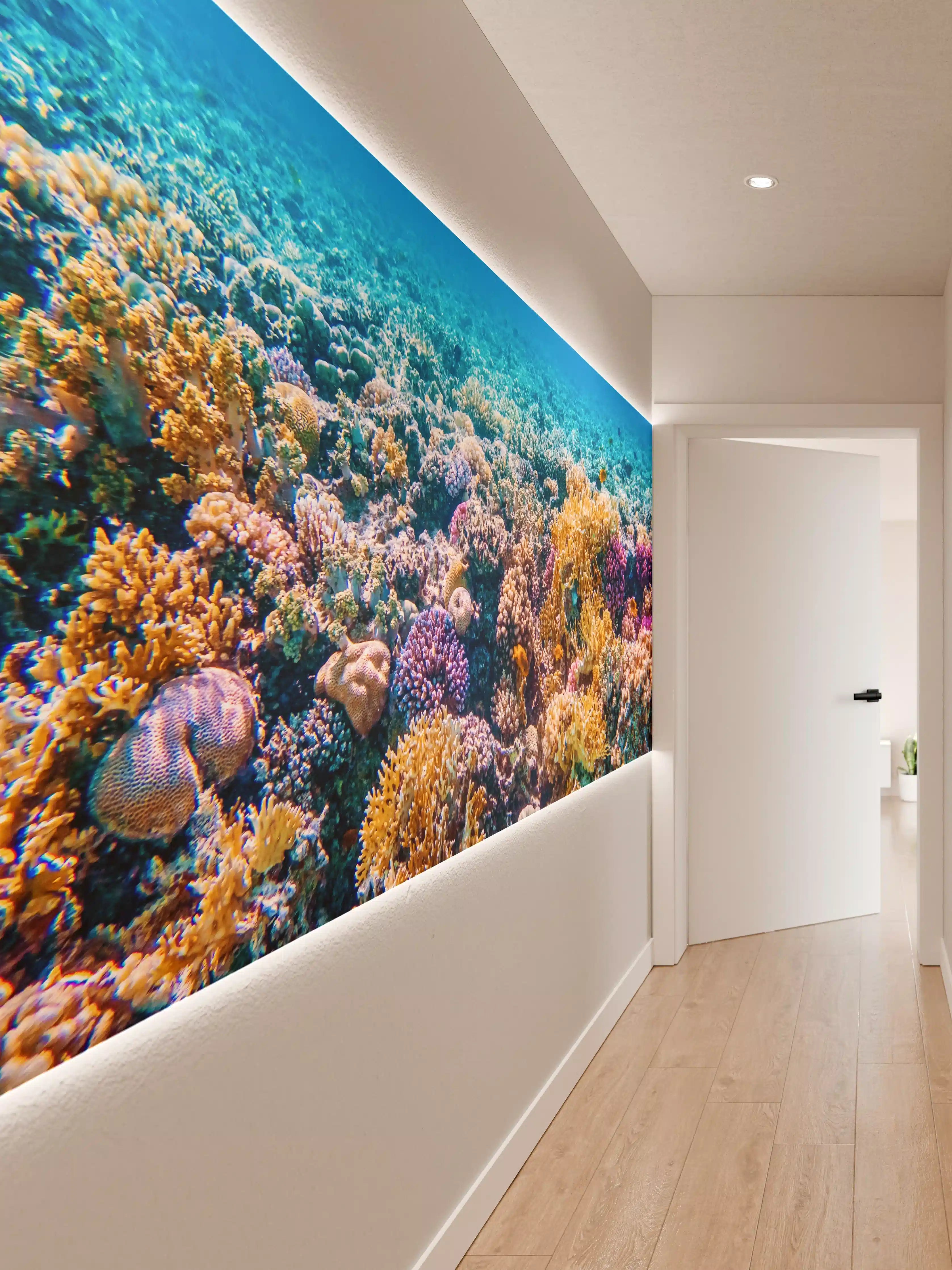 Wandverkleidung Flur - Farbige Korallenriffe im Grau-Meer