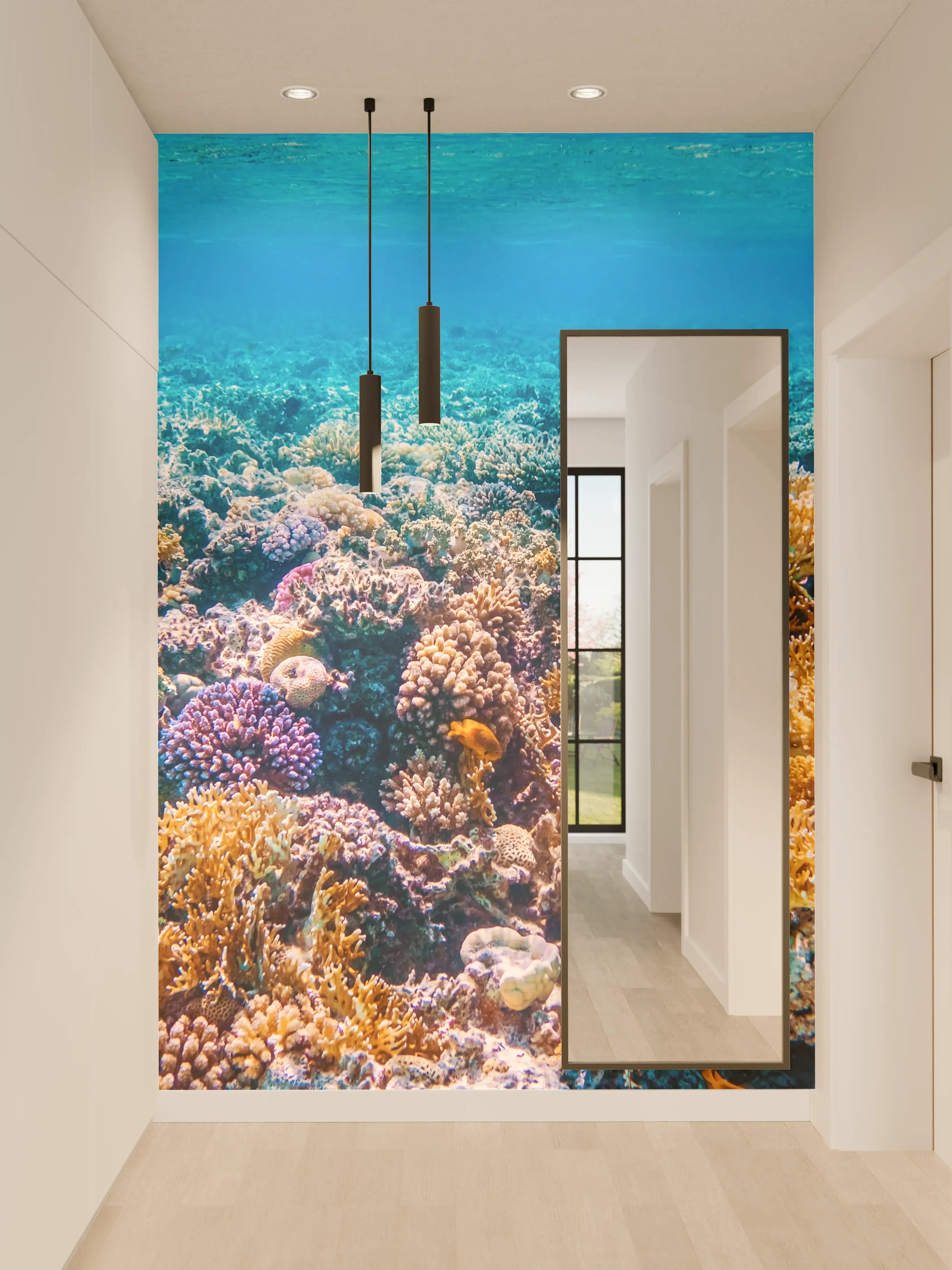 Wandverkleidung Flur - Farbige Korallenriffe im Grau-Meer