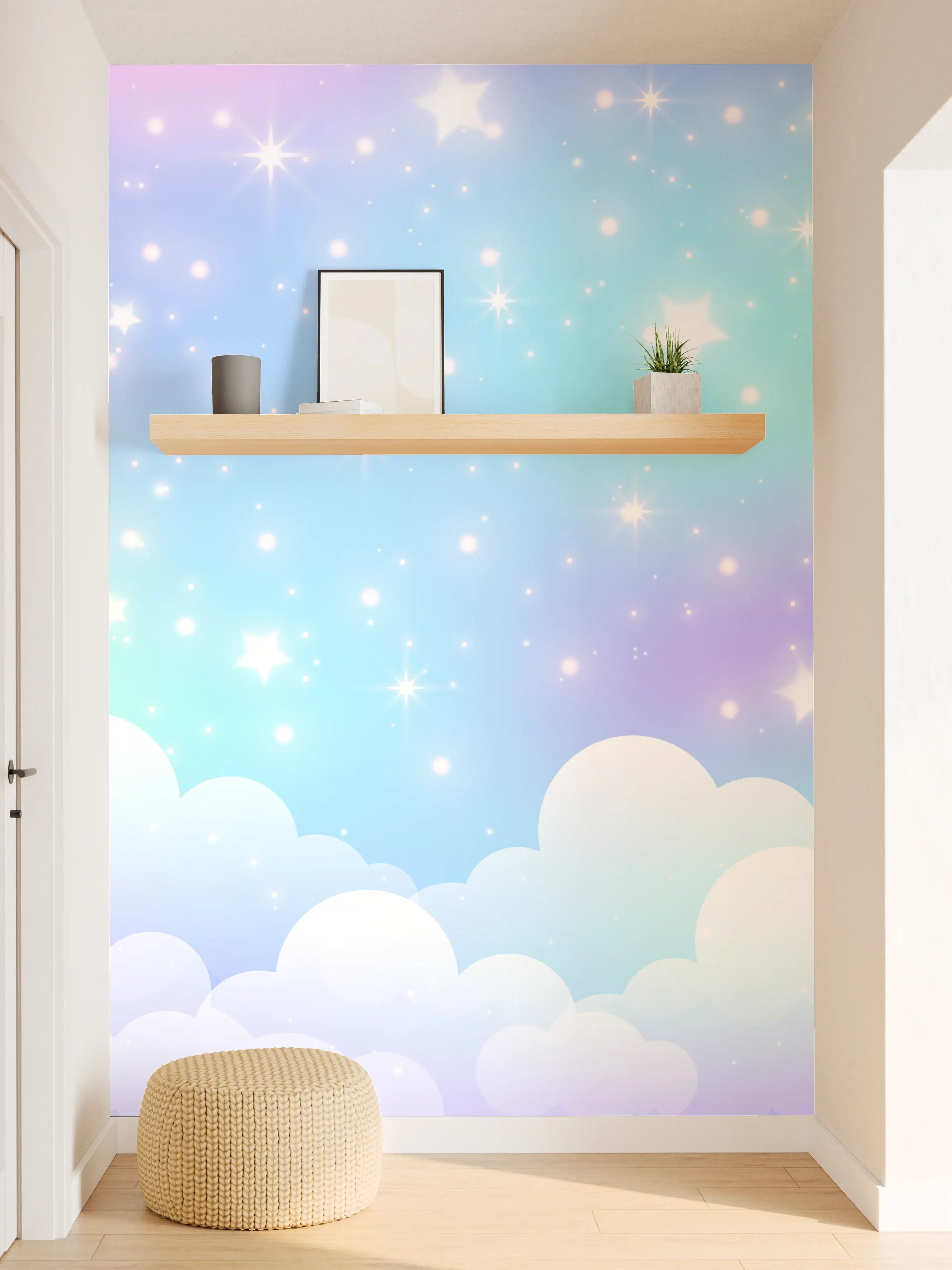 Wandverkleidung Flur - Farbpalette aus Pastell-Himmel mit Sternen und Wolken