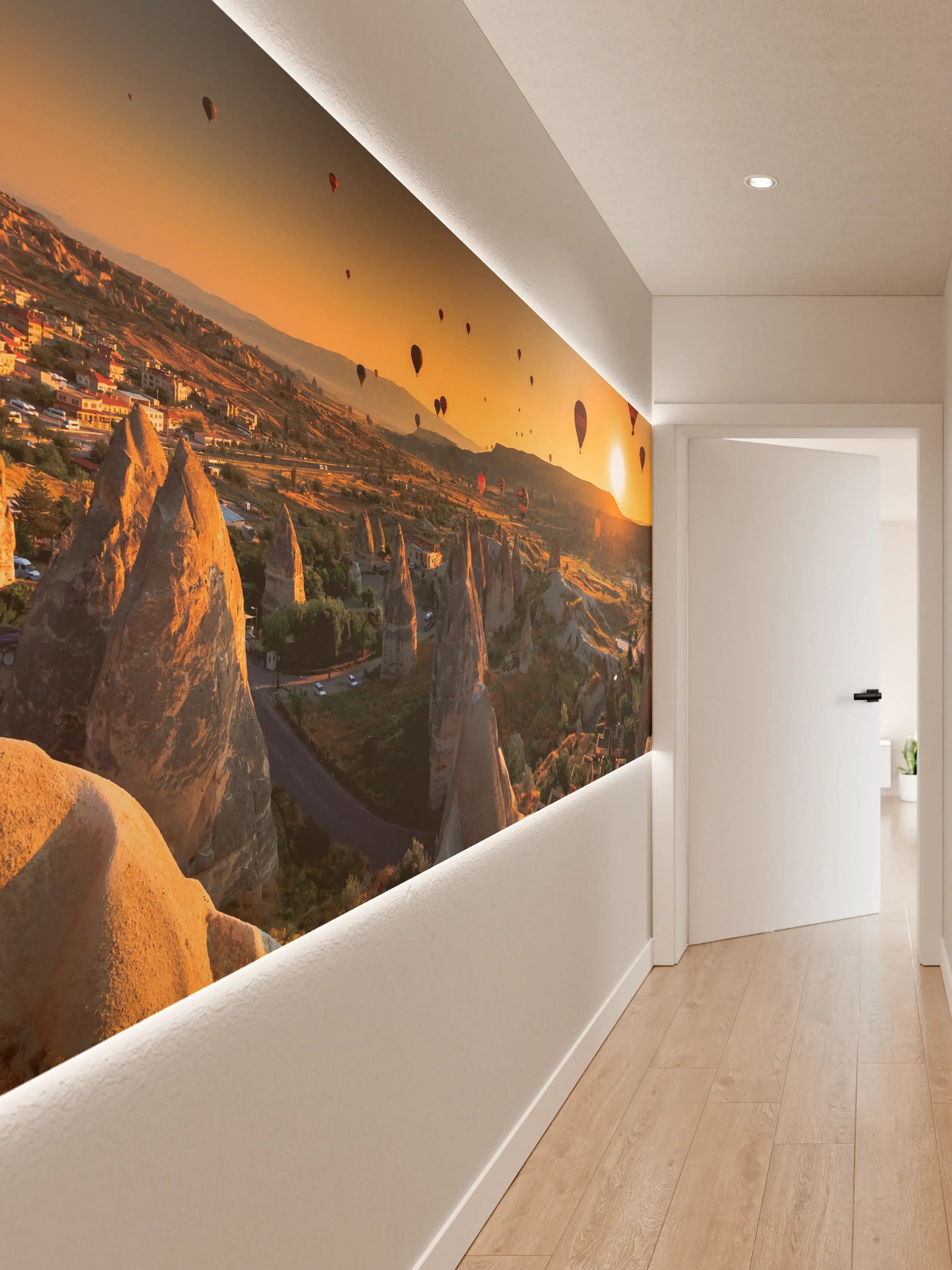 Wandverkleidung Flur - Faszinender Sonnenaufgang mit Heißluftballons in Cappadocia