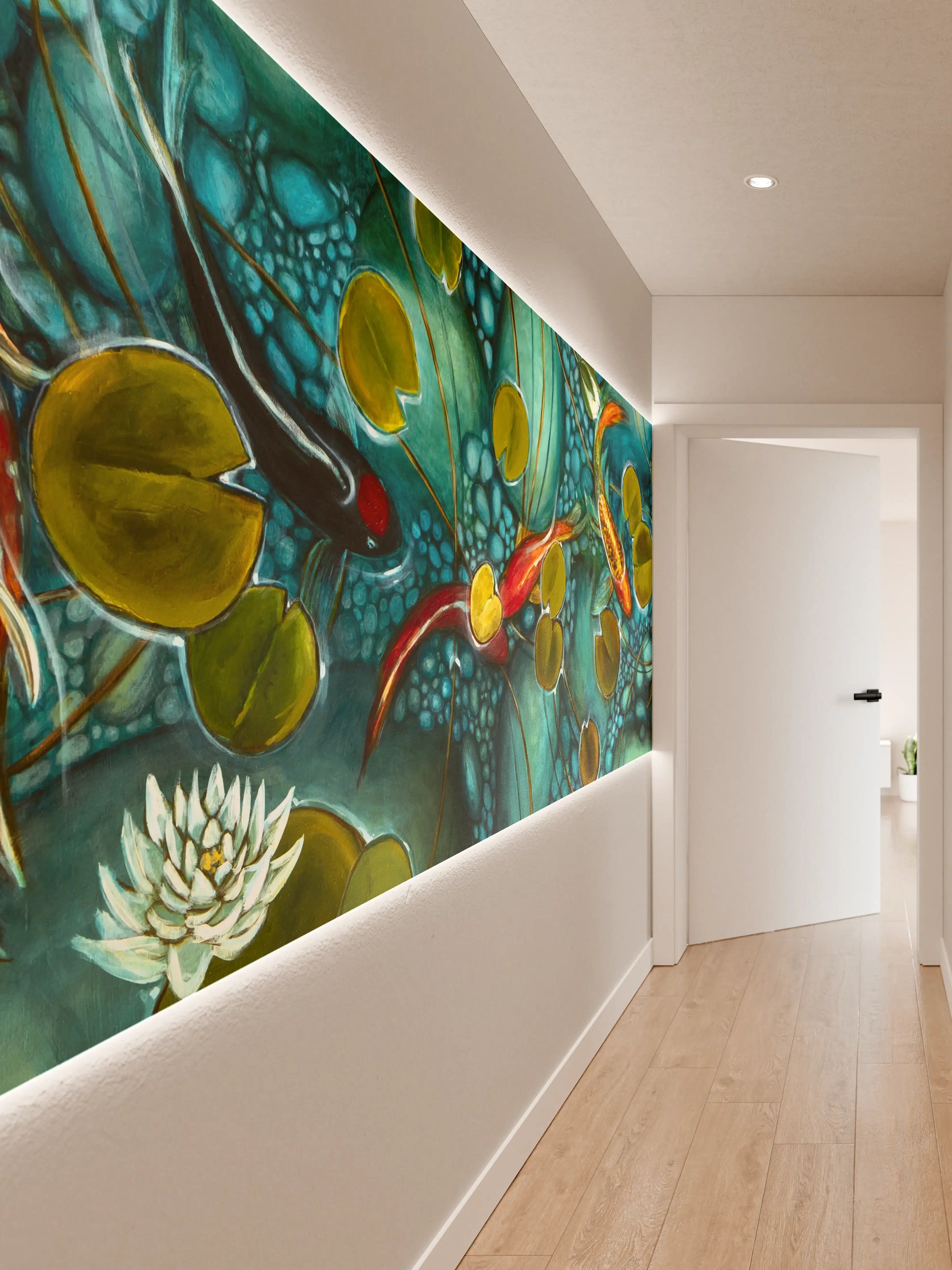 Wandverkleidung Flur - Faszinierende Wasserpflanzen mit Koi-Karpfen in Aquarien-Umgebung