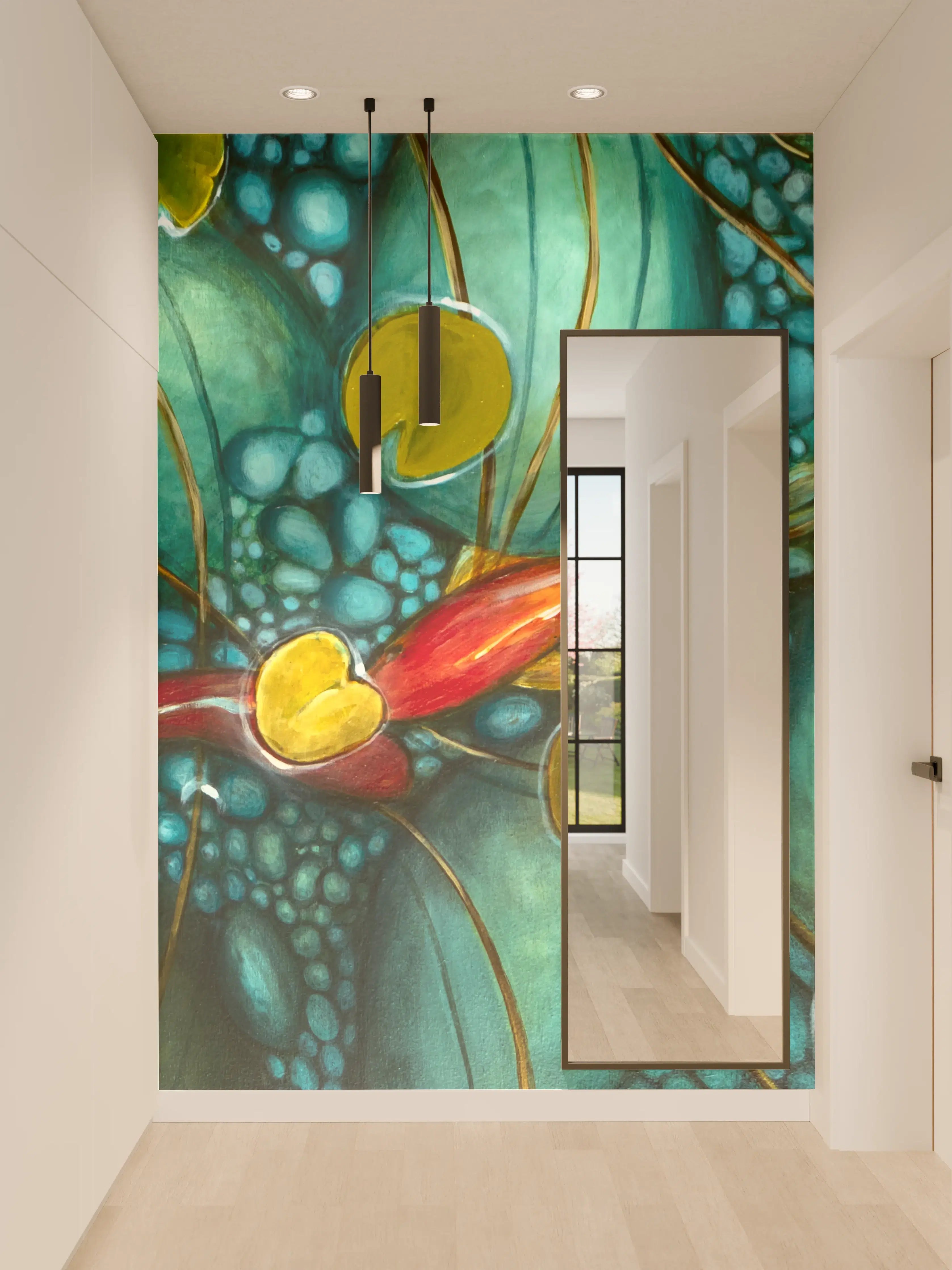 Wandverkleidung Flur - Faszinierende Wasserpflanzen mit Koi-Karpfen in Aquarien-Umgebung