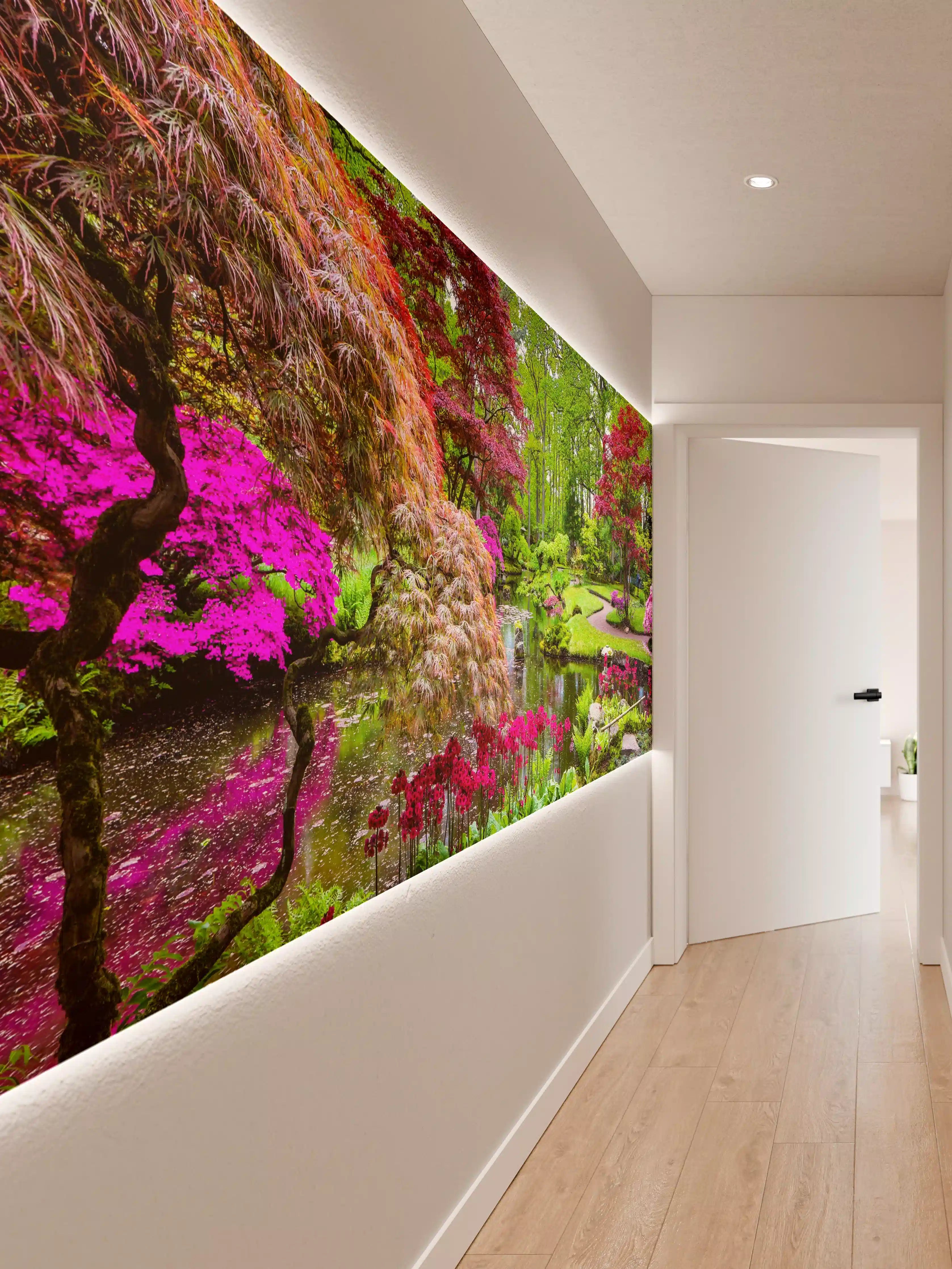 Wandverkleidung Flur - Faszinierender Garten im Frühling mit bunten Blüten und ruhigem Wasser